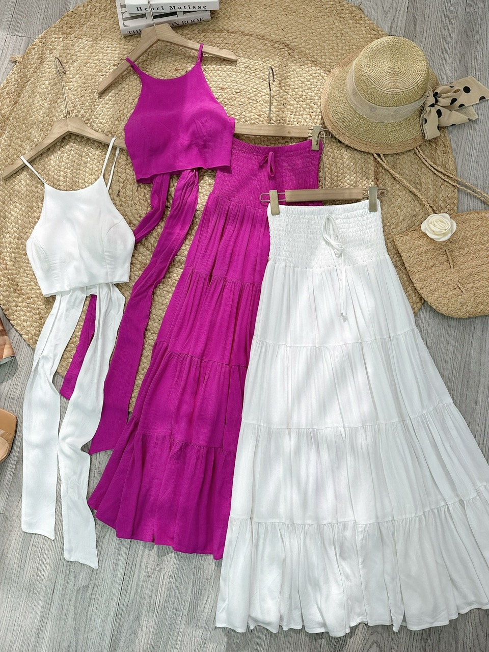 Set Váy Nữ Áo Yếm Mix Chân Váy Smocking Eo Dáng Dài Chất Xô Gân Đi Biển MIMIX - FF9