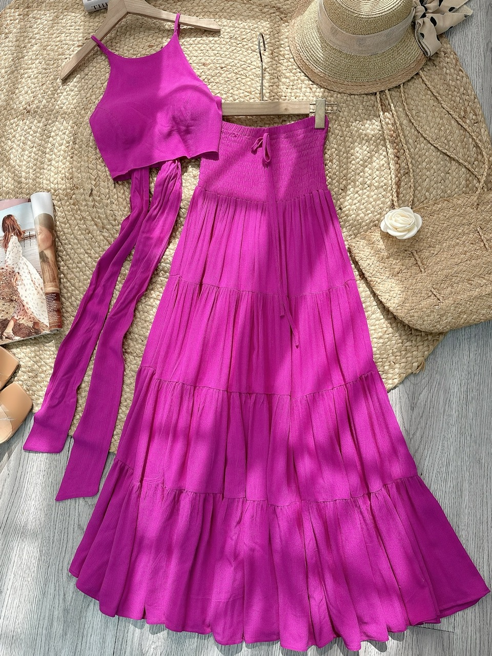 Set Váy Nữ Áo Yếm Mix Chân Váy Smocking Eo Dáng Dài Chất Xô Gân Đi Biển MIMIX - FF9