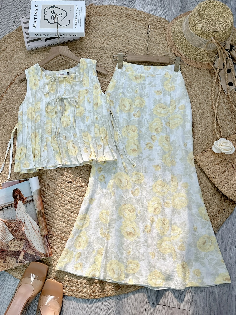 Set Váy Nữ Áo Sát Nách Nơ Đôi Mix Chân Váy Đuôi Cá Dáng Dài Chất Linen Gân Đi Biển MIMIX - FA0