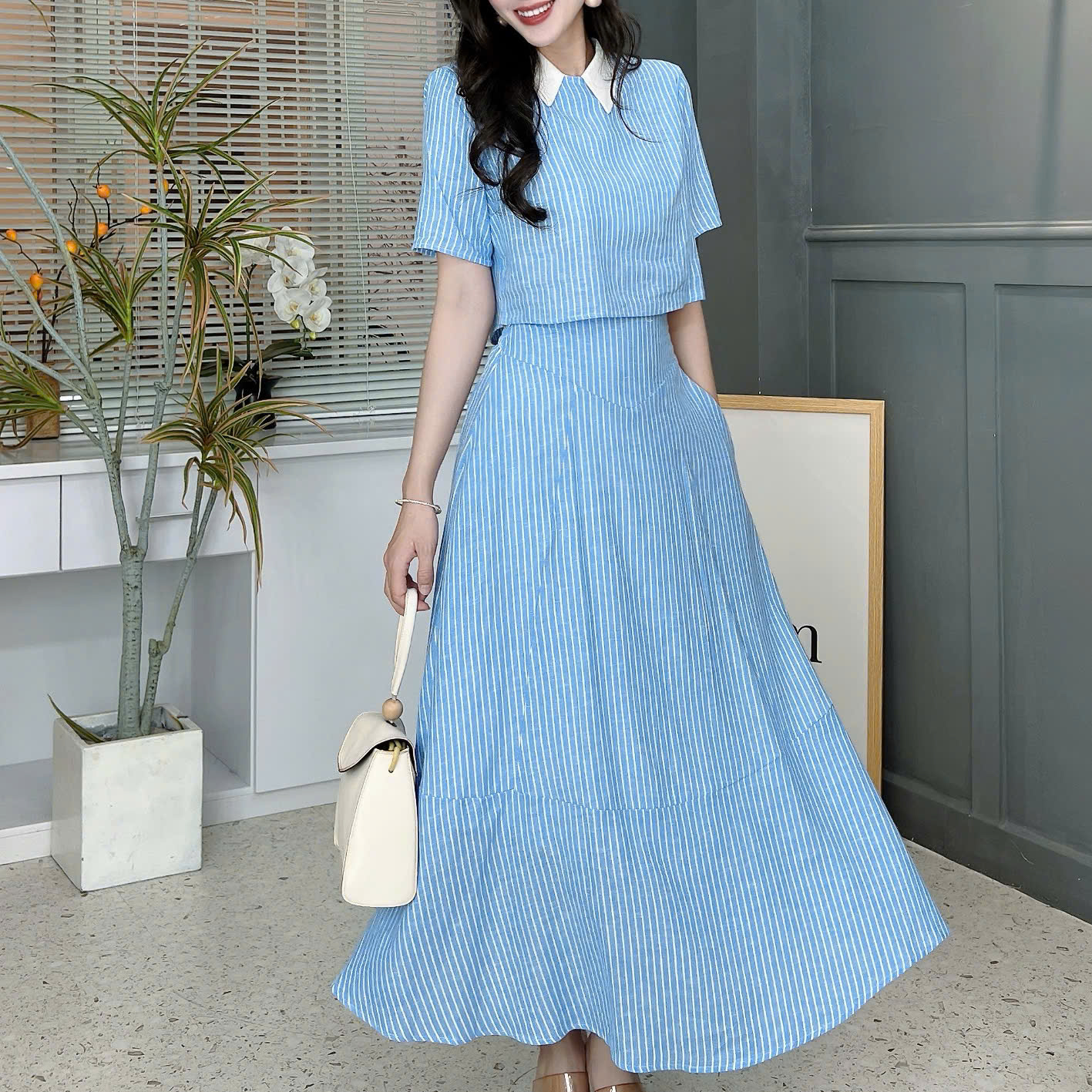 Set Váy Nữ Áo Cổ Sơ Mi Tay Ngắn Mix Chân Váy Dáng Dài Xòe Chất Linen Cotton Đi Biển Đi Tiệc MIMIX - FH5