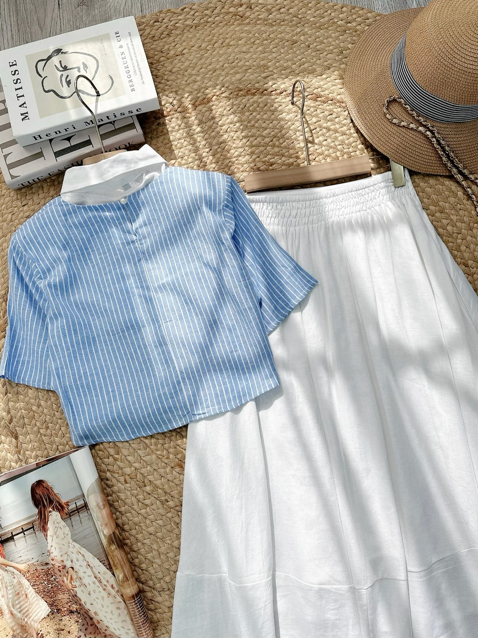 Set Váy Nữ Áo Cổ Sơ Mi Tay Ngắn Mix Chân Váy Dáng Dài Xòe Chất Linen Cotton Đi Biển Đi Tiệc MIMIX - FH5