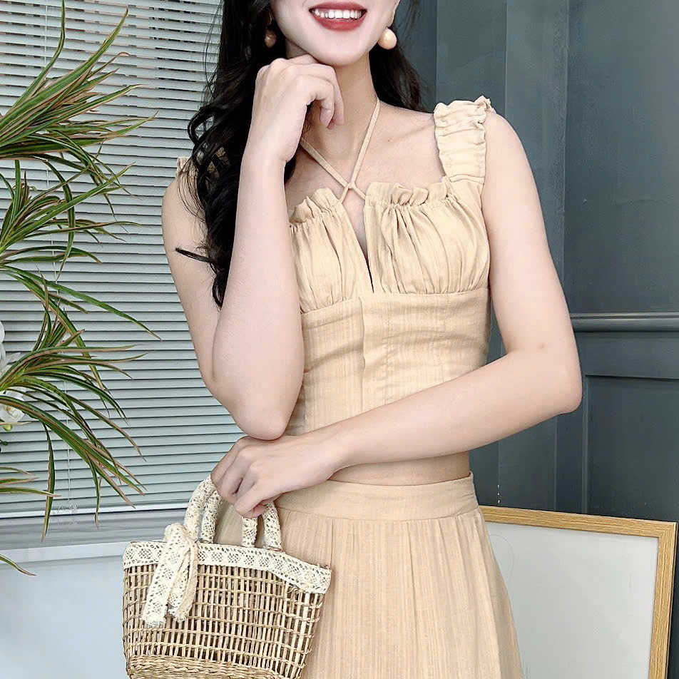 Set Bộ Váy Mix Áo 2 Dây Bản To Dáng Dài Xòe Chất Cotton Đi Du Lịch MIMIX - FF1