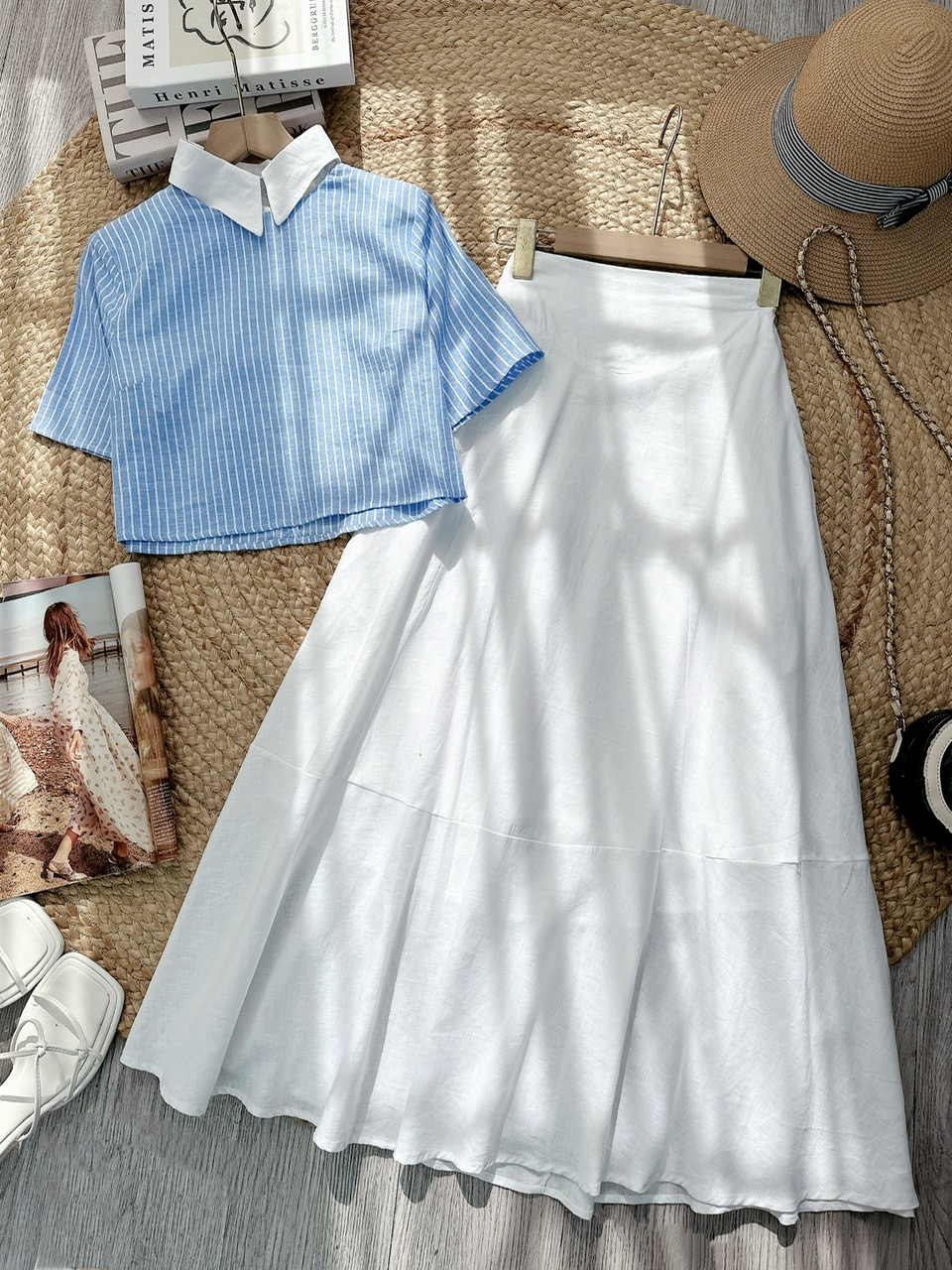 Set Váy Nữ Áo Cổ Sơ Mi Tay Ngắn Mix Chân Váy Dáng Dài Xòe Chất Linen Cotton Đi Biển Đi Tiệc MIMIX - FH5