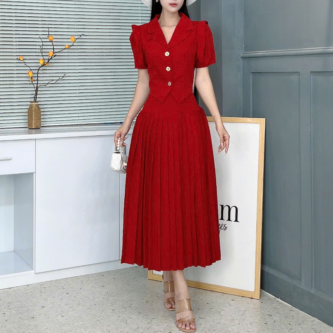 Set Váy Nữ Áo Vest Tay Bồng Kèm Chân Váy Xếp Ly Chất Chéo Ruby Đi Làm Đi Tiệc MIMIX - FA5