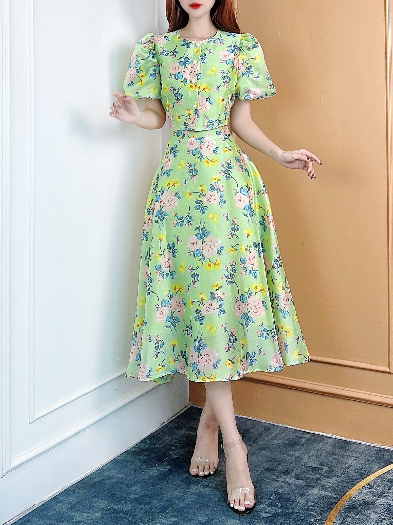 Set Váy Nữ Áo Tay Bồng Cổ Tròn Mix Chân Váy Midi Xòe Chất Tơ Sống Nhũ Đi Làm Đi Chơi MIMIX - CP5