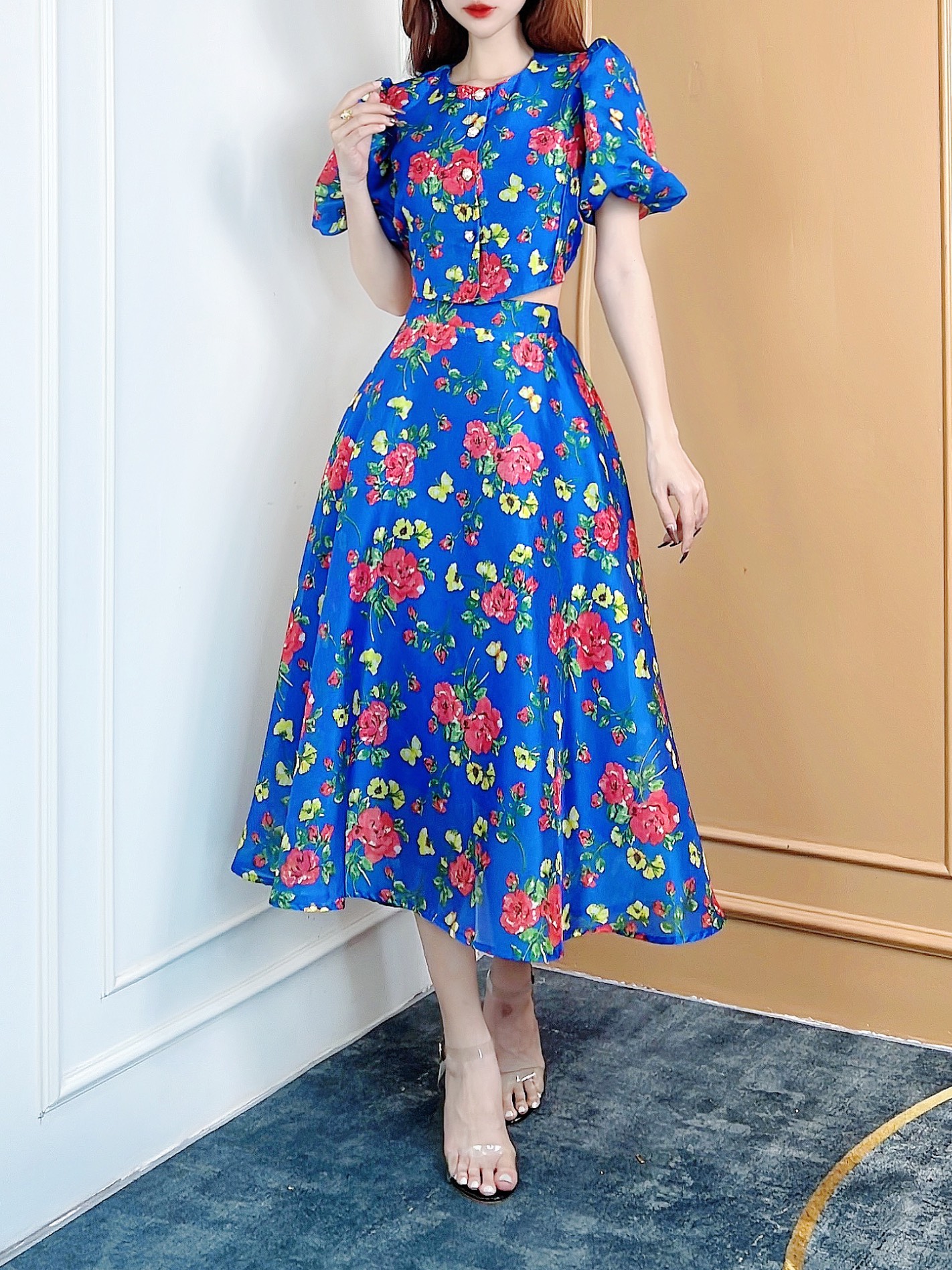Set Váy Nữ Áo Tay Bồng Cổ Tròn Mix Chân Váy Midi Xòe Chất Tơ Sống Nhũ Đi Làm Đi Chơi MIMIX - CP5