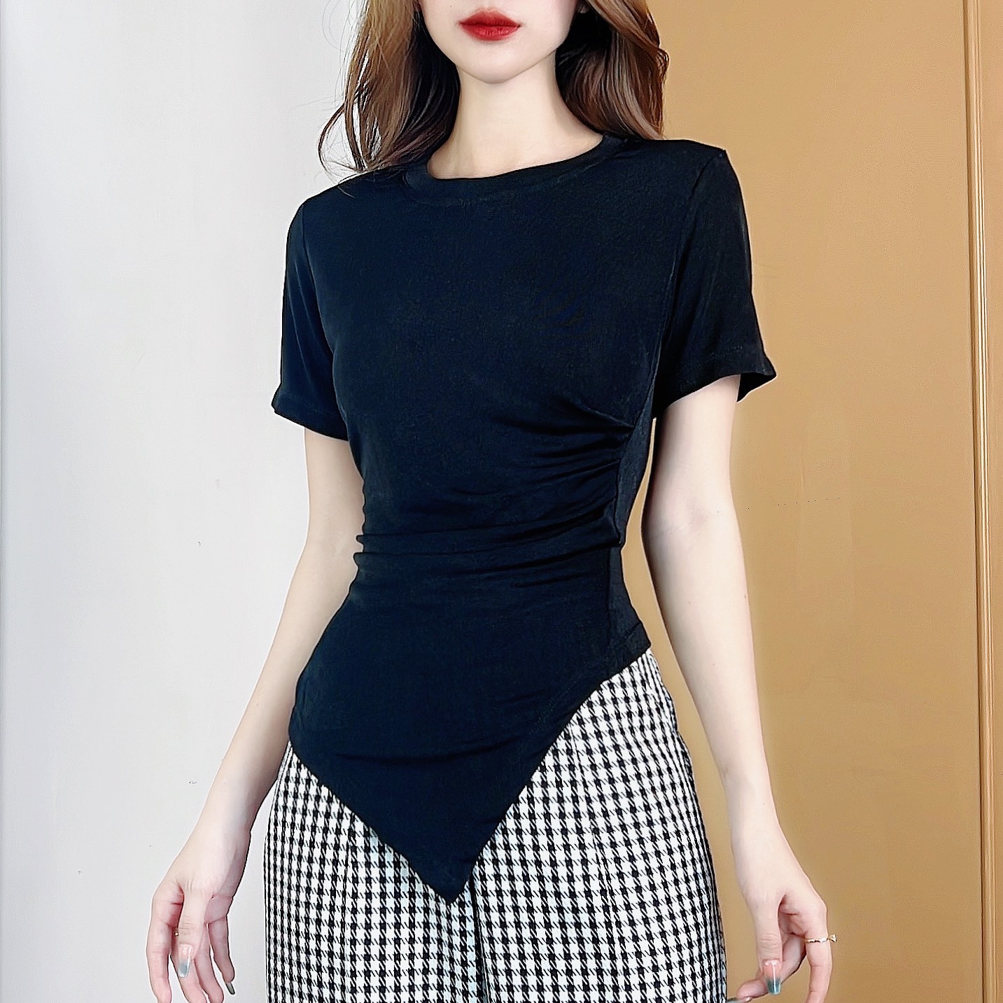 Áo Kiểu Nữ Cổ Tròn Tay Ngắn Tà Nhọn Nhún Eo Chất Thun Dẻo Đi Du Lịch MIMIX - CS4
