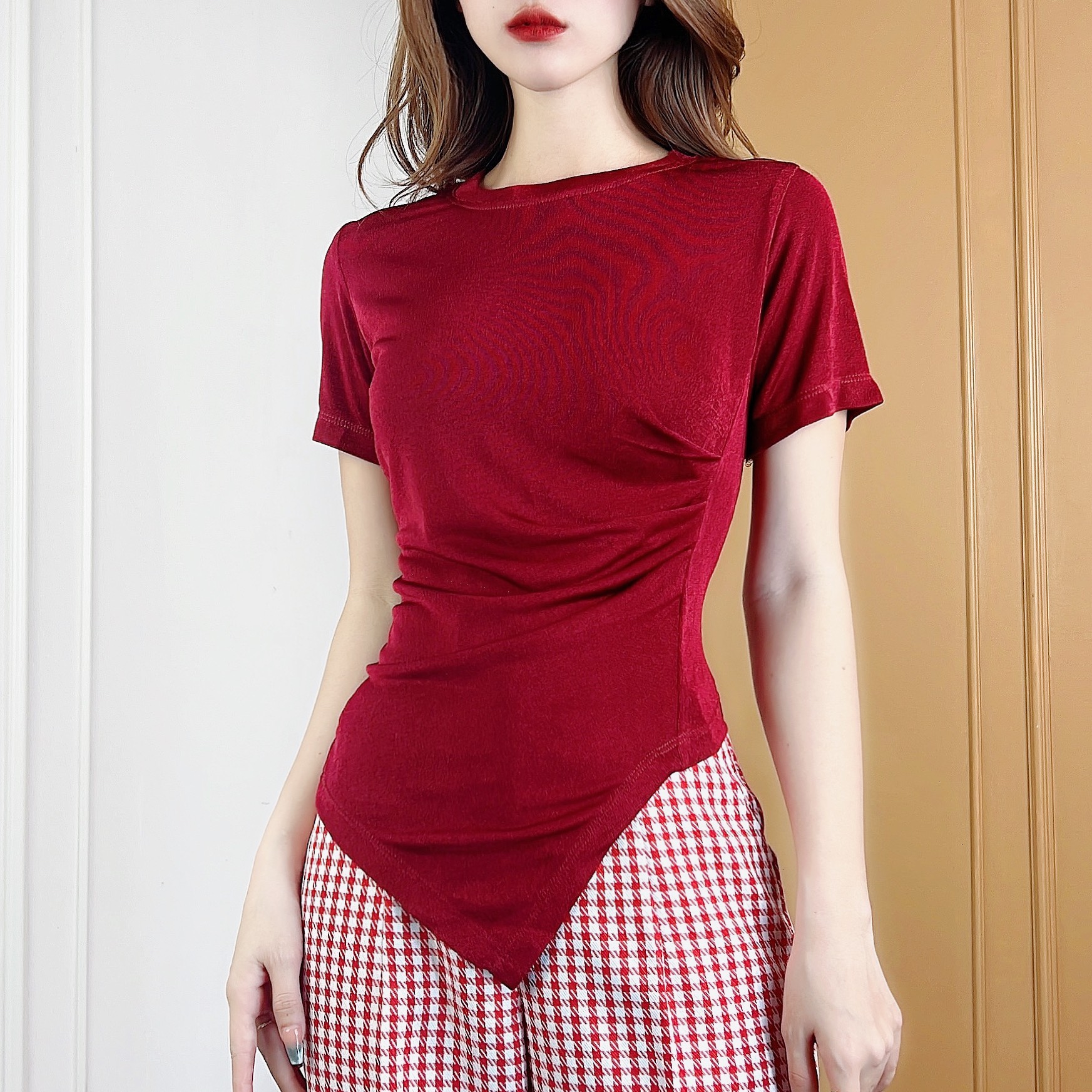 Áo Kiểu Nữ Cổ Tròn Tay Ngắn Tà Nhọn Nhún Eo Chất Thun Dẻo Đi Du Lịch MIMIX - CS4