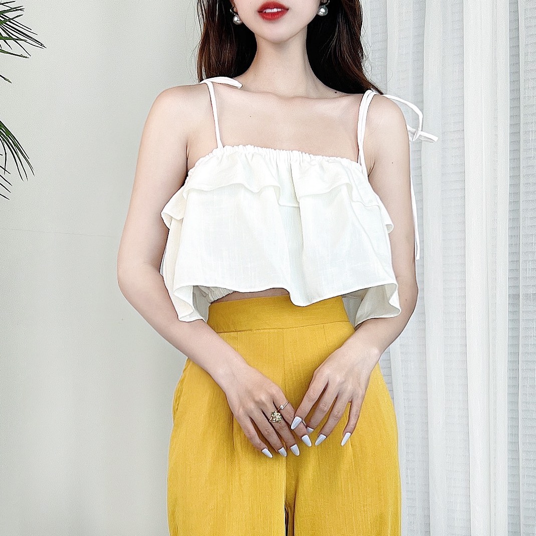 Áo 2 Dây Croptop Phối Bèo Tầng Đi Du Lịch Chất Linen Sướt MIMIX - CW4
