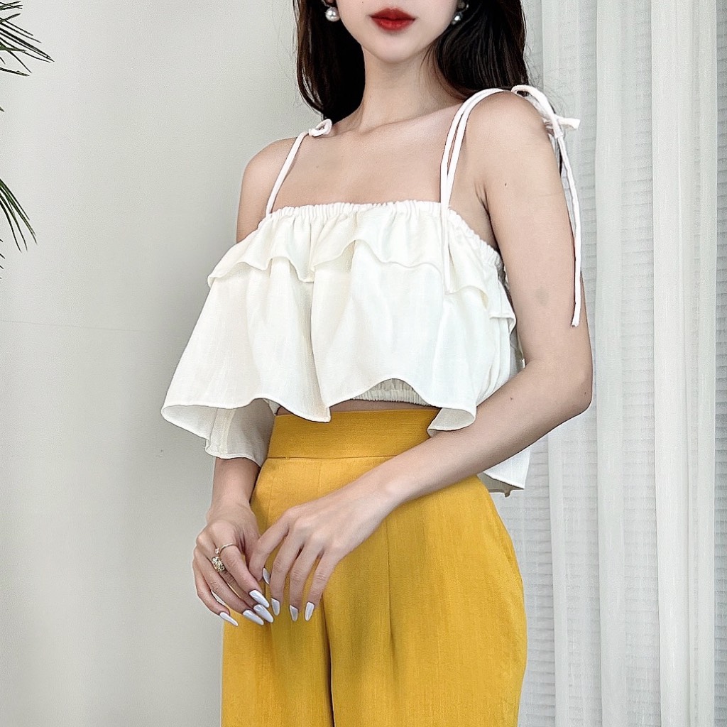 Áo 2 Dây Croptop Phối Bèo Tầng Đi Du Lịch Chất Linen Sướt MIMIX - CW4