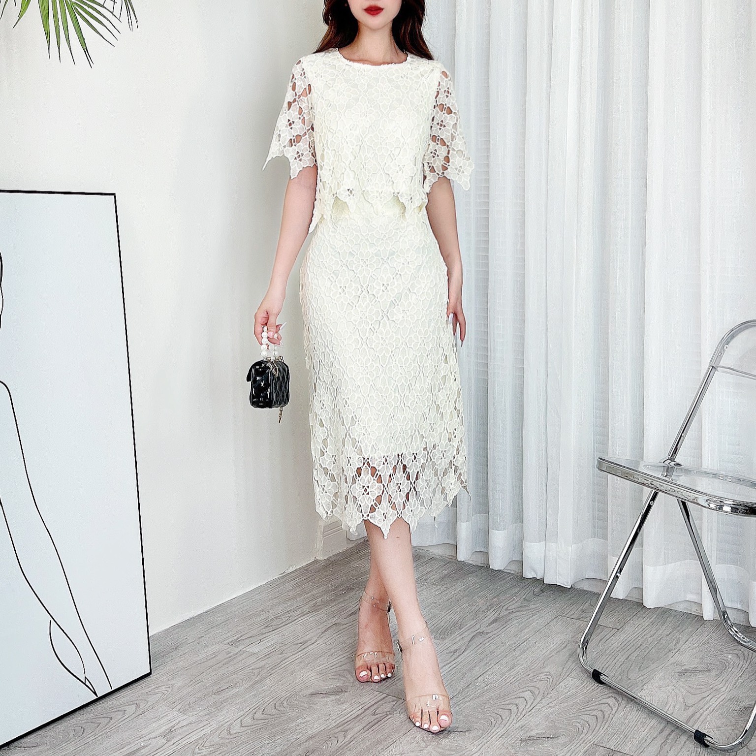 Set Váy Áo Tay Lửng Mix Chân Váy Suôn Lượn Sóng Chất Ren 3D Dày Đi Làm MIMIX - CX4