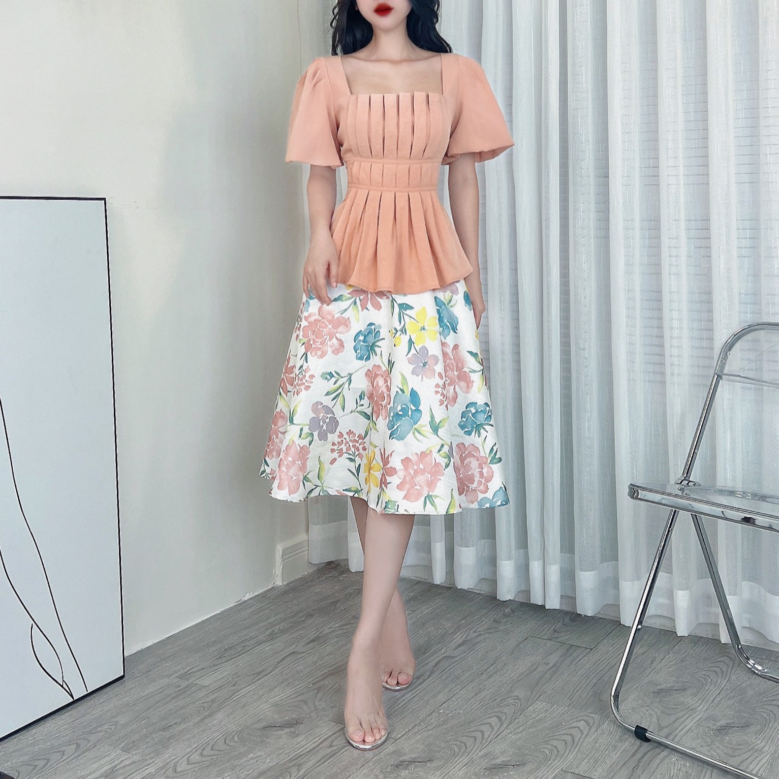 Chân Váy Hoa Xòe Lưng Cao Có Lót Chất Gấm Lụa Dày Đi Làm Đi Tiệc MIMIX - CZ0
