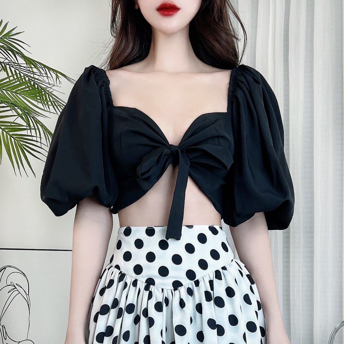 Áo Kiểu Nữ Họa Tiết Chấm Bi Tay Bồng Chất Lụa 100D Đi Du Lịch MIMIX - CS0