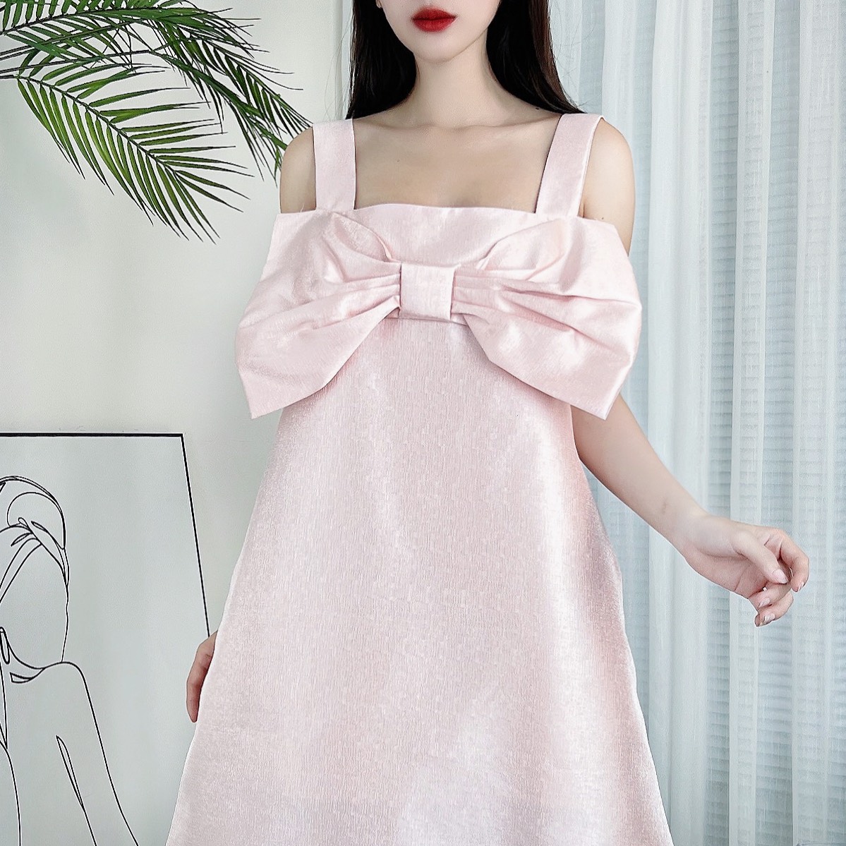 Đầm 2 Dây Nữ Trơn Phối Nơ Chất Taffa Xà Cừ Đi Dạo Phố MIMIX - CK1