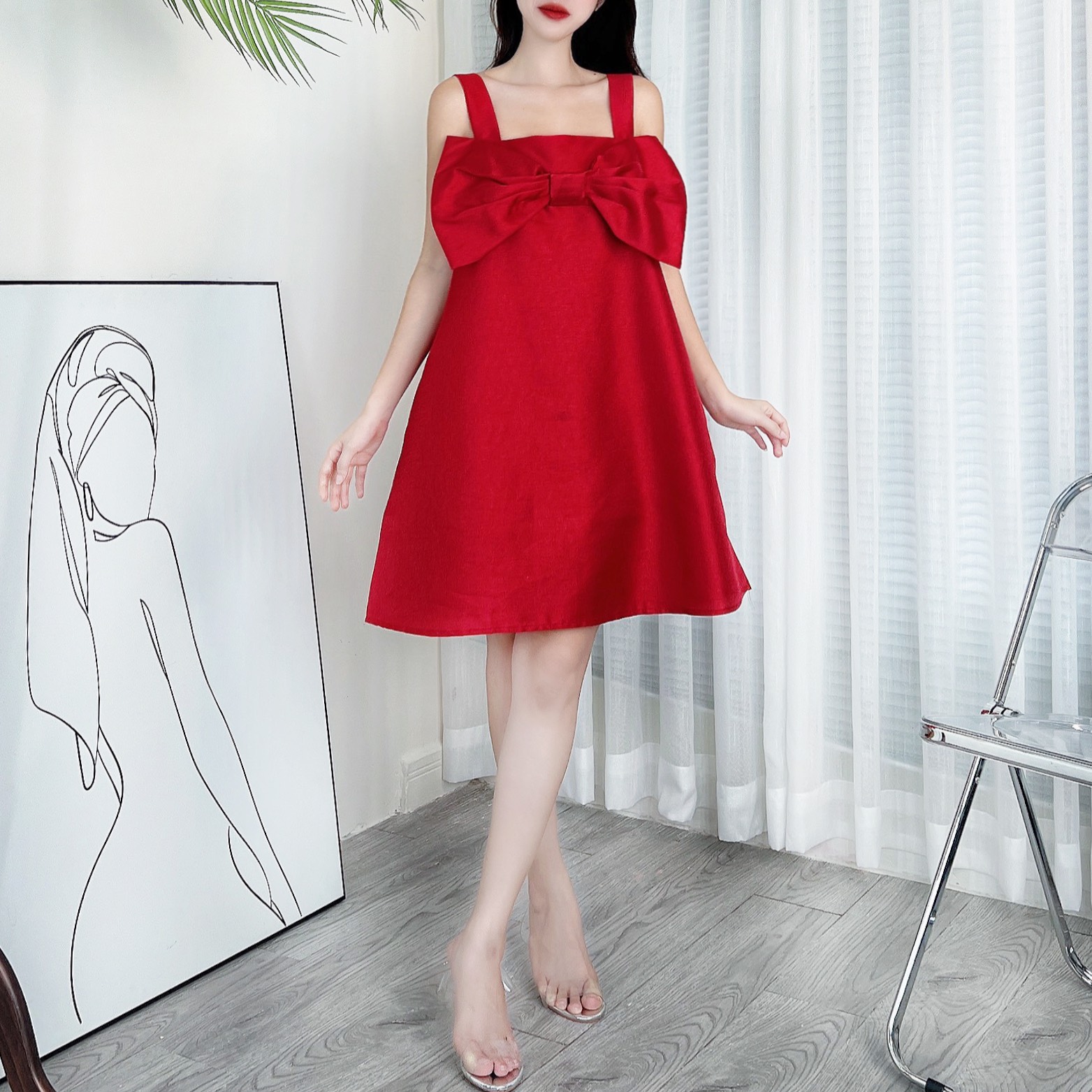 Đầm 2 Dây Nữ Trơn Phối Nơ Chất Taffa Xà Cừ Đi Dạo Phố MIMIX - CK1