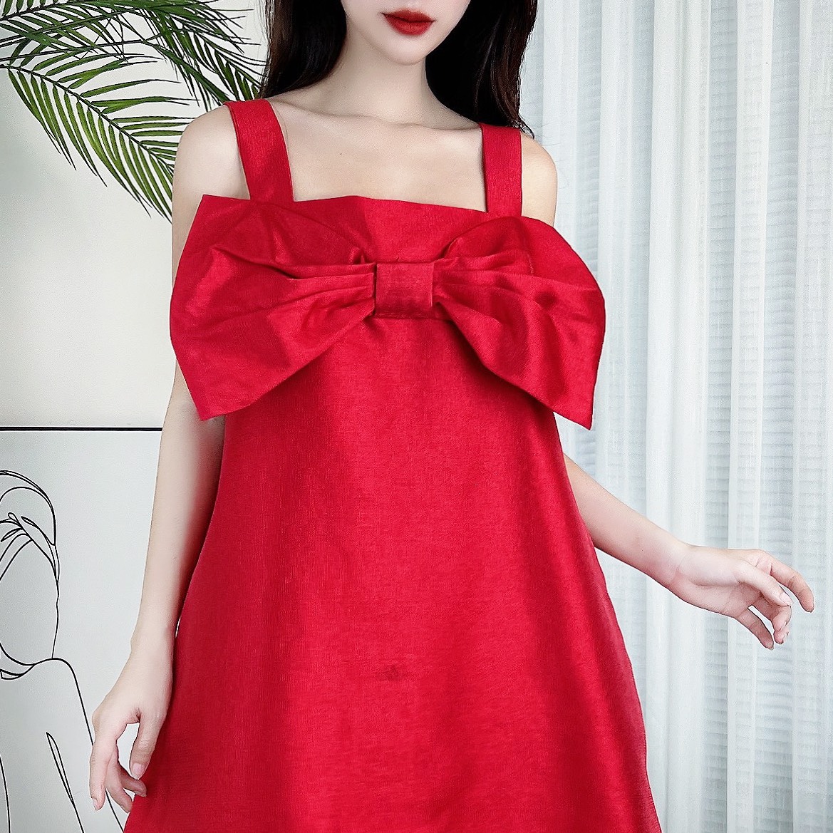 Đầm 2 Dây Nữ Trơn Phối Nơ Chất Taffa Xà Cừ Đi Dạo Phố MIMIX - CK1