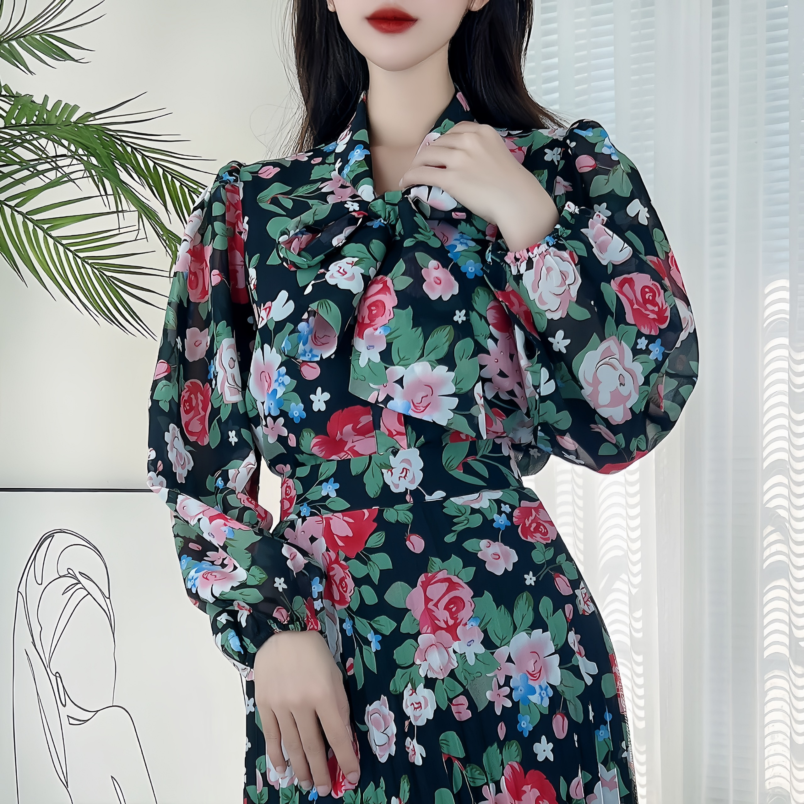 Áo Sơ Mi Hoa Tay Dài Phối Nơ Cổ Chất  Voan Tơ Đi Làm Đi Tiệc MIMIX - DB5
