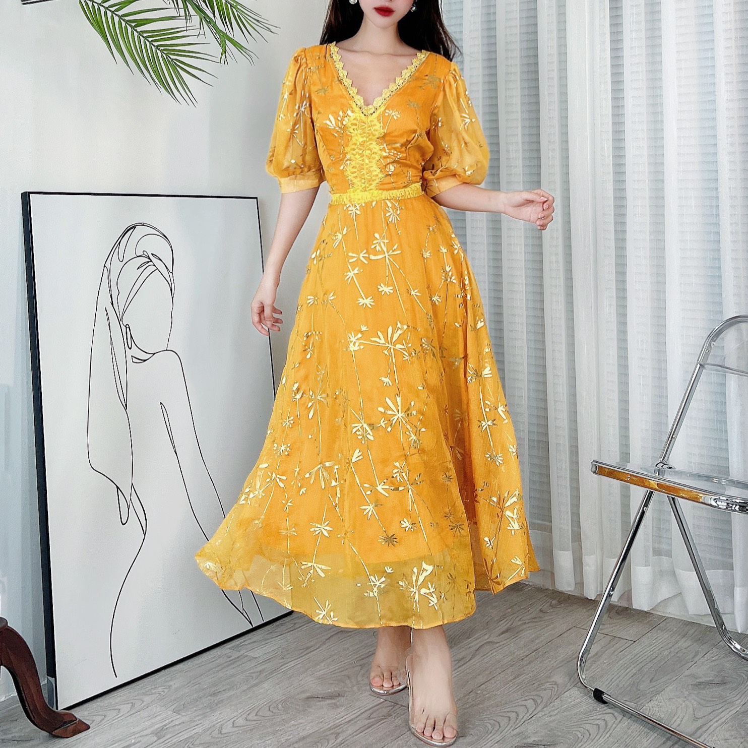 Đầm Maxi Hoa Cổ Phối Ren Ép Nhũ Tay Lửng Dáng Dài Chất Tơ Sọc Ép Nhũ Đi Tiệc MIMIX - DC7
