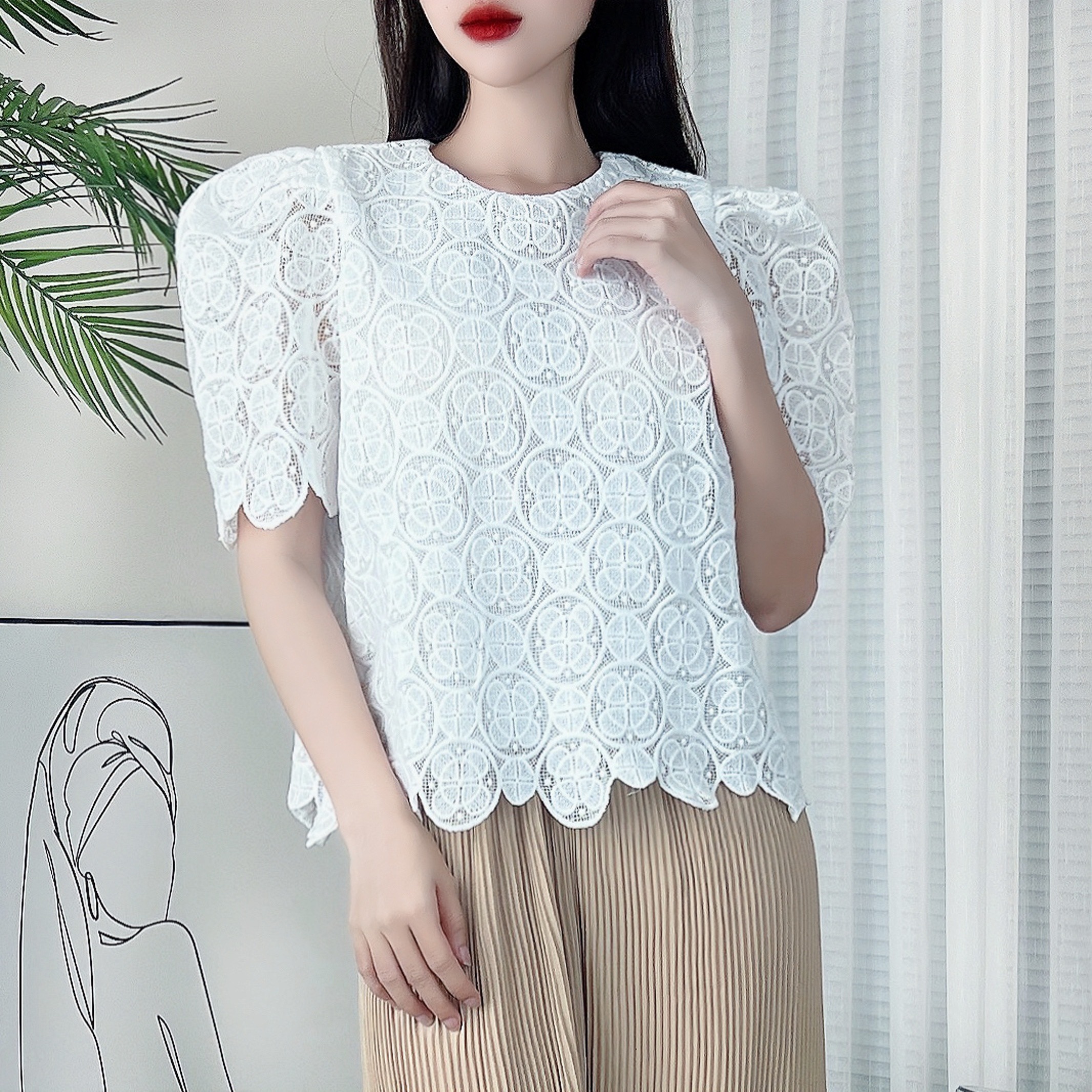 Áo Nữ Ren Phối Quần Dập Ly Dáng Suông Đi Biển Đi Du Lịch MIMIX - DD0