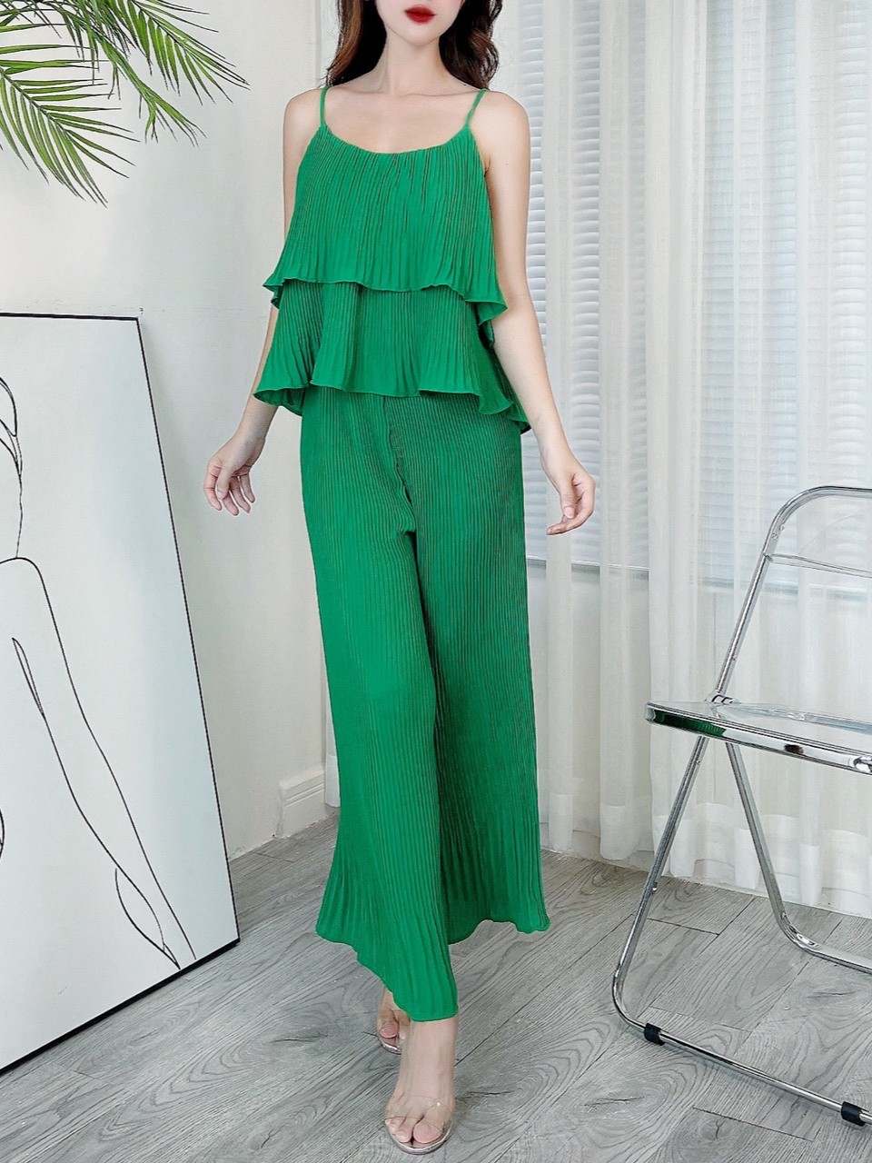 Set Bộ Nữ Dập Ly Áo 2 Dây Tầng Mix Quần Dáng Dài Chất Lụa Và Tol Đi Dạo Phố MIMIX - BK3