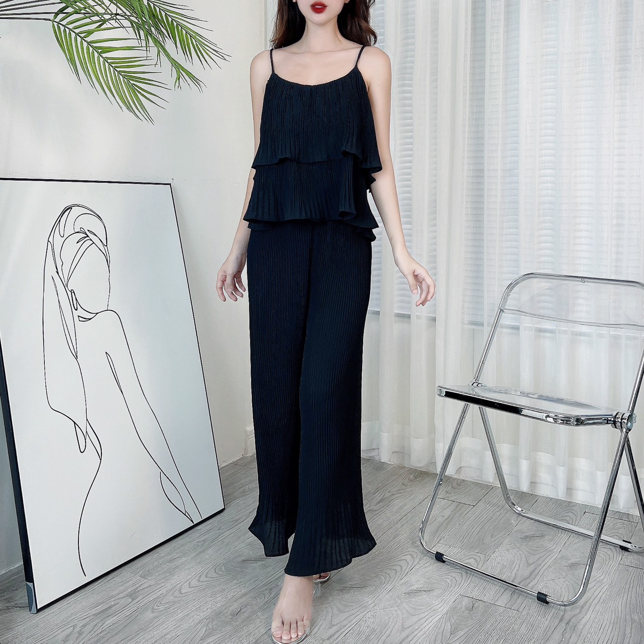 Set Bộ Nữ Dập Ly Áo 2 Dây Tầng Mix Quần Dáng Dài Chất Lụa Và Tol Đi Dạo Phố MIMIX - BK3