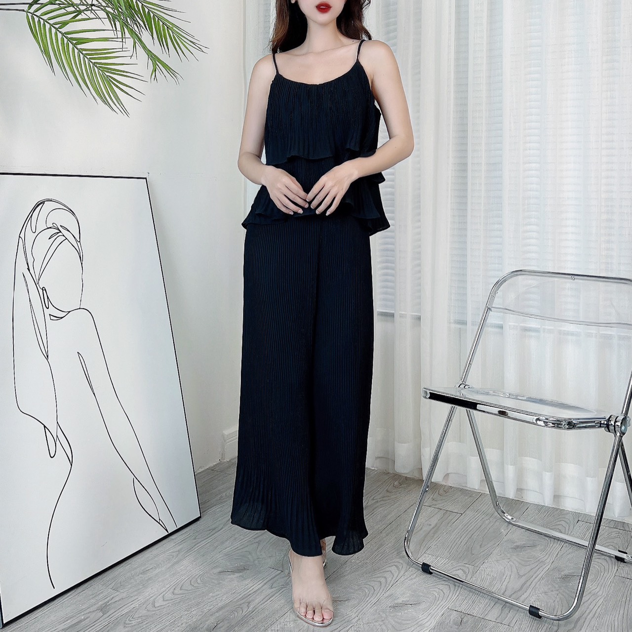 Set Bộ Nữ Dập Ly Áo 2 Dây Tầng Mix Quần Dáng Dài Chất Lụa Và Tol Đi Dạo Phố MIMIX - BK3