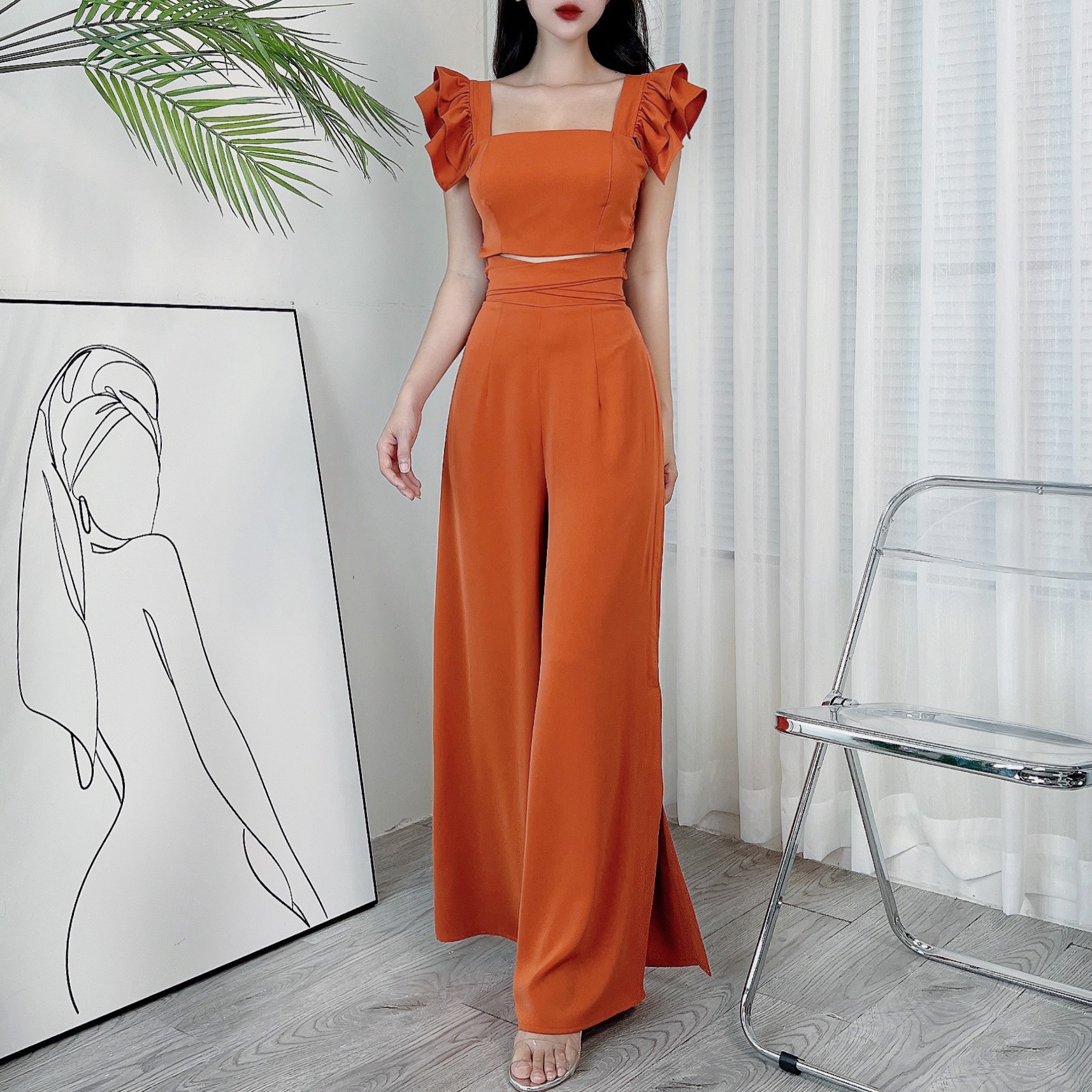 Set Bộ Áo Croptop Tay Cánh Tiên Kèm Quần Dài Suông Xẻ Chất Lụa Mango Đi Biển MIMIX - DI9