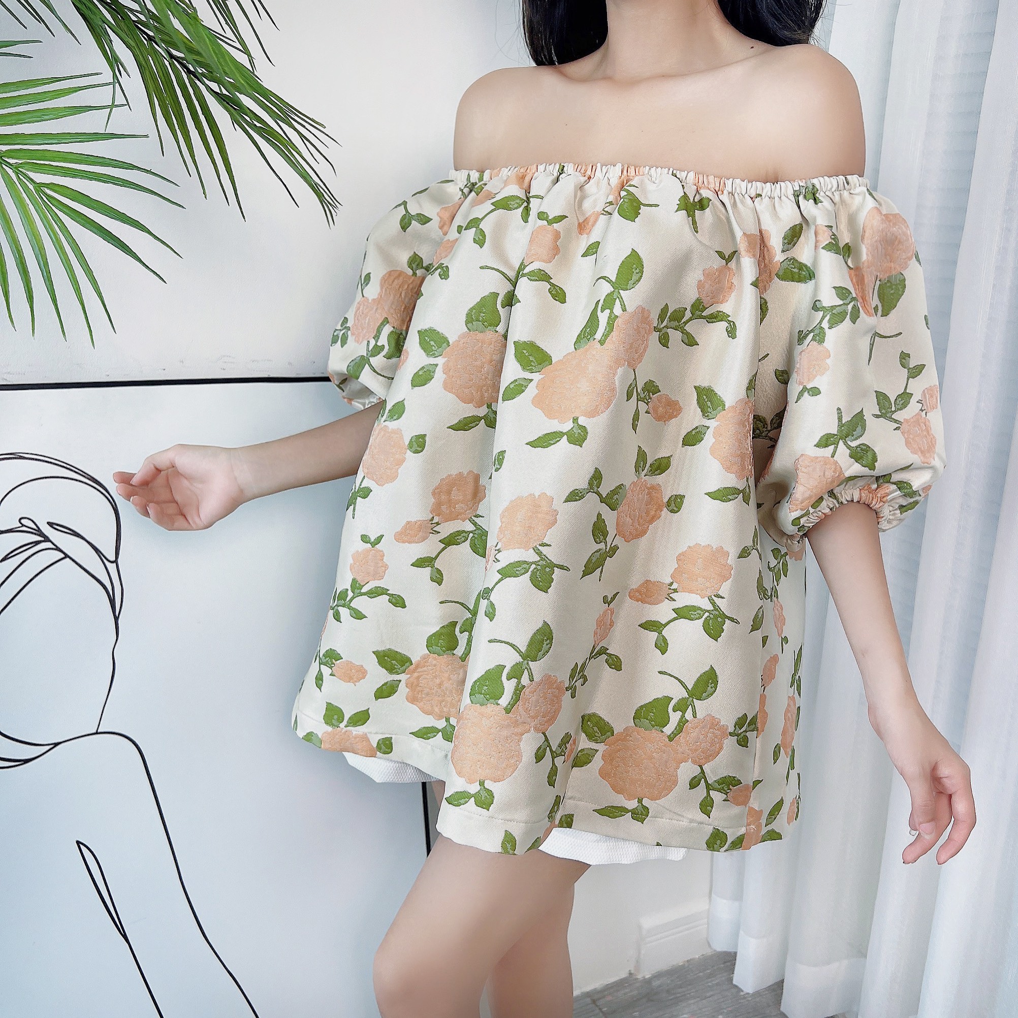 Áo Baby Doll Nữ Trễ Vai Họa Tiết Hoa Hồng Chất Tapfa Lụa 3D Đi Dạo Phố MIMIX - DG9