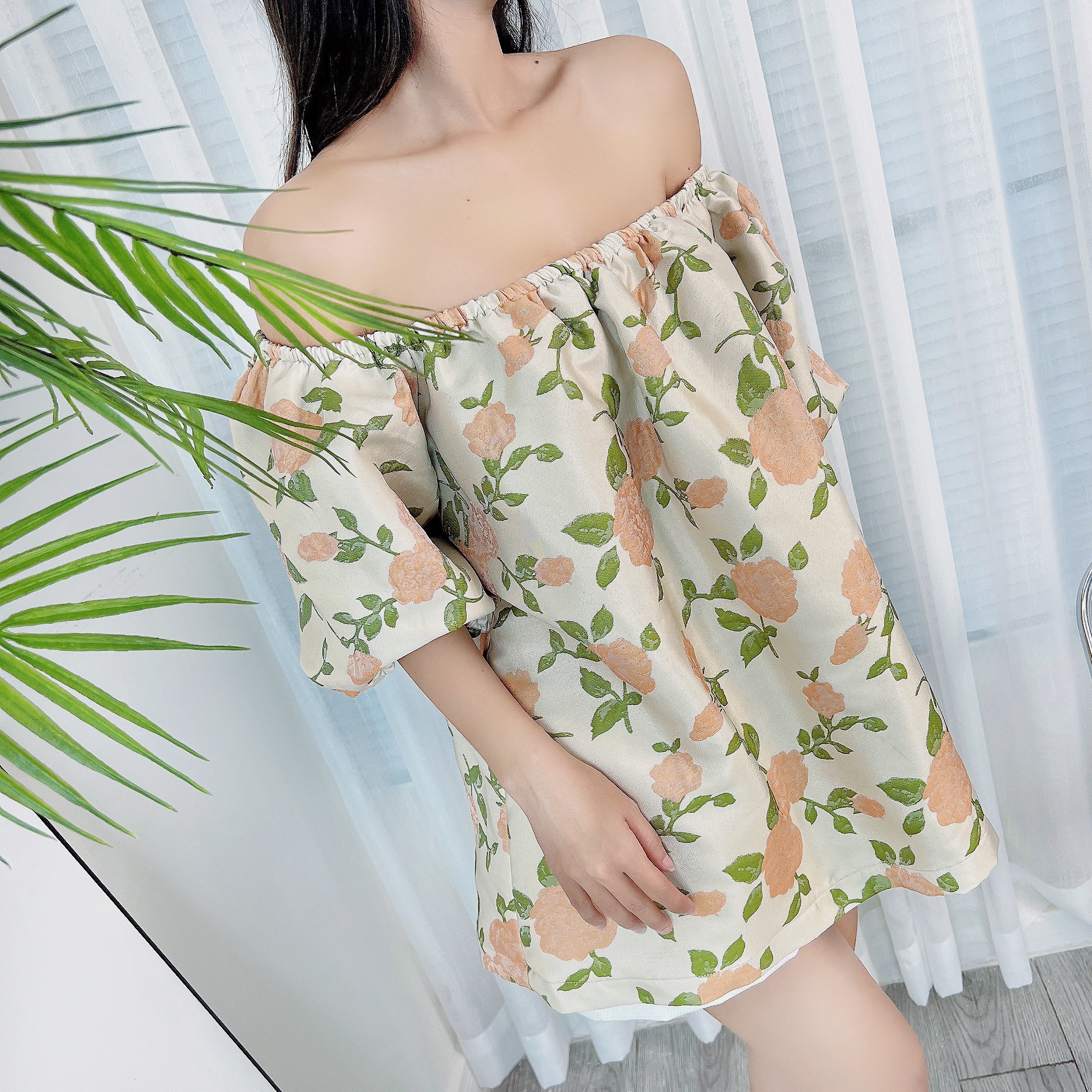 Áo Baby Doll Nữ Trễ Vai Họa Tiết Hoa Hồng Chất Tapfa Lụa 3D Đi Dạo Phố MIMIX - DG9