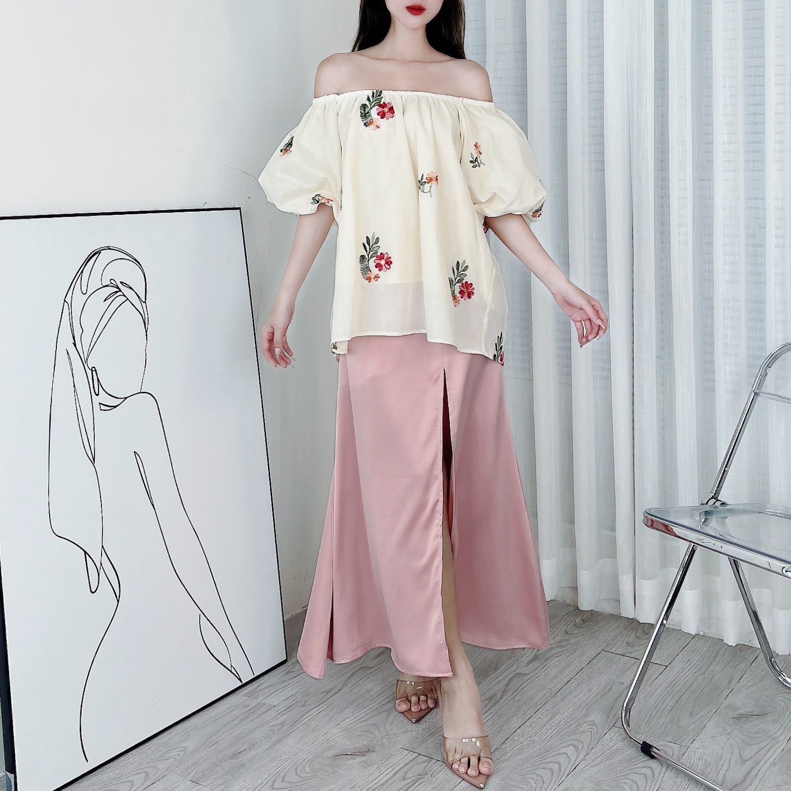 Áo Kiểu Nữ Trễ Vai Tay Bồng Boi Thêu Hoa Đi Du Lịch MIMIX - DP6