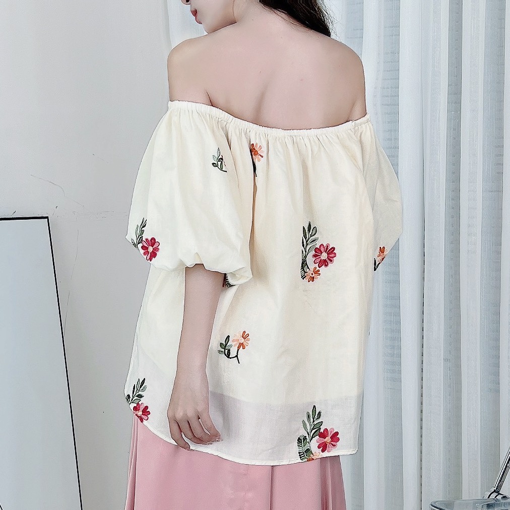 Áo Kiểu Nữ Trễ Vai Tay Bồng Boi Thêu Hoa Đi Du Lịch MIMIX - DP6