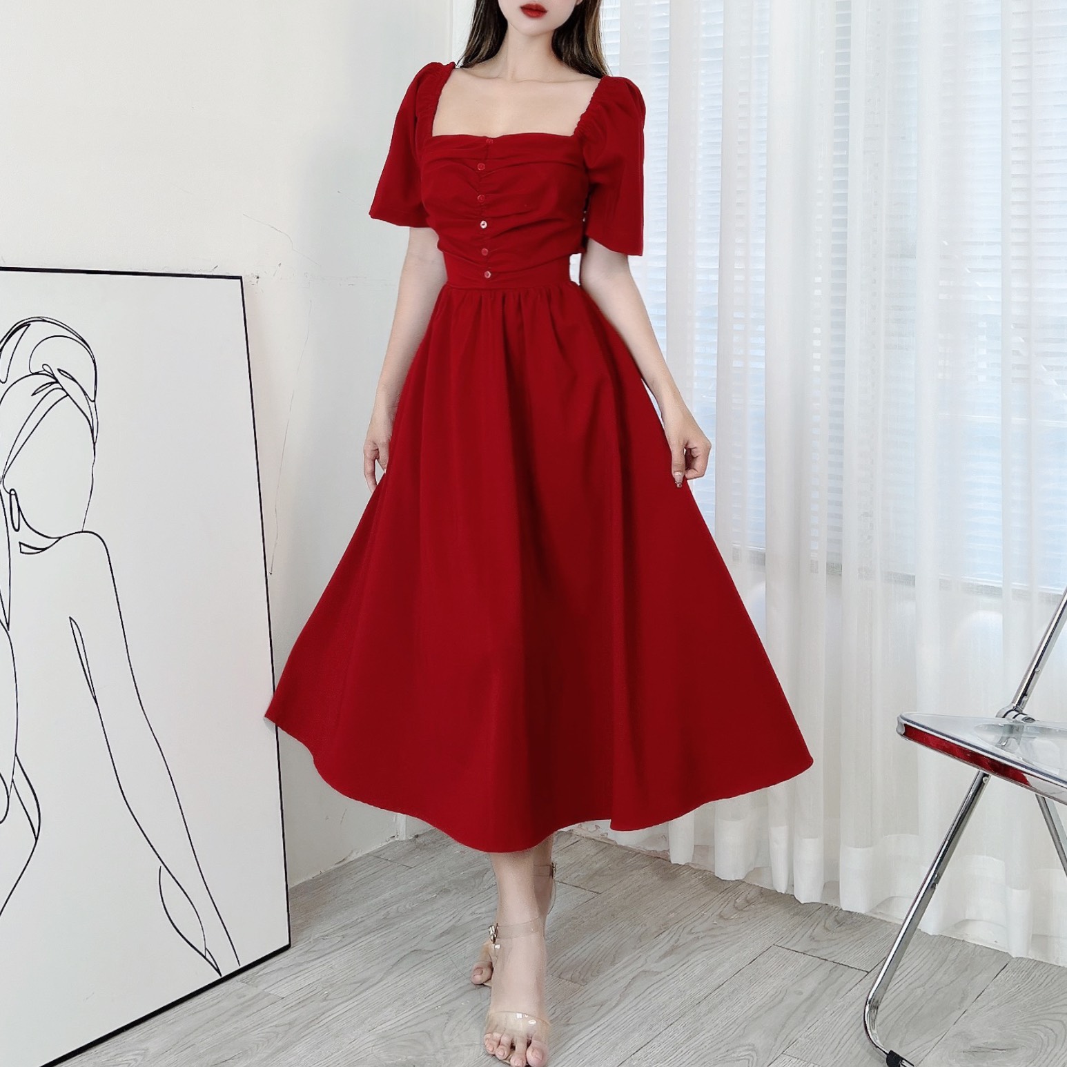 Đầm Midi Nữ Trơn Cổ Vuông Tay Ngắn Phối Nút Cut Out Lưng Chất Tuyết Nhung Đi Tiệc MIMIX - DQ4