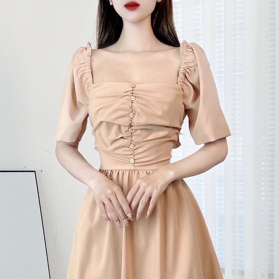 Đầm Midi Nữ Trơn Cổ Vuông Tay Ngắn Phối Nút Cut Out Lưng Chất Tuyết Nhung Đi Tiệc MIMIX - DQ4