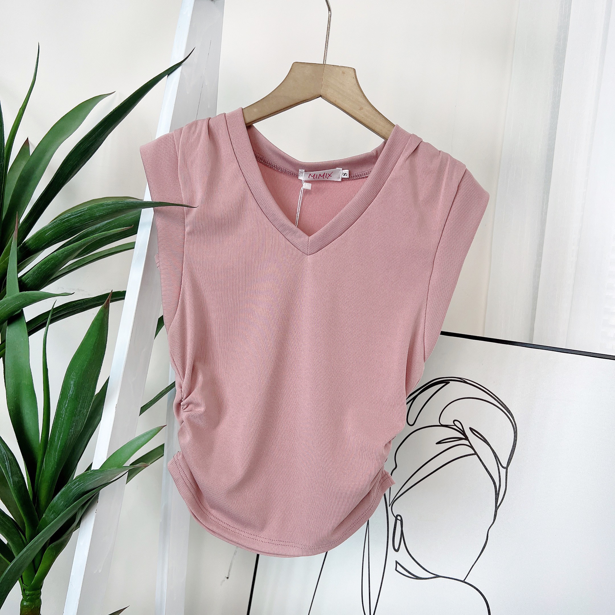 Áo Kiểu Nữ Trơn Cổ V Tay Ngắn Có Rút Dây Eo Chất Thun Vân Mịn QC Đi Du Lịch MIMIX - DS2