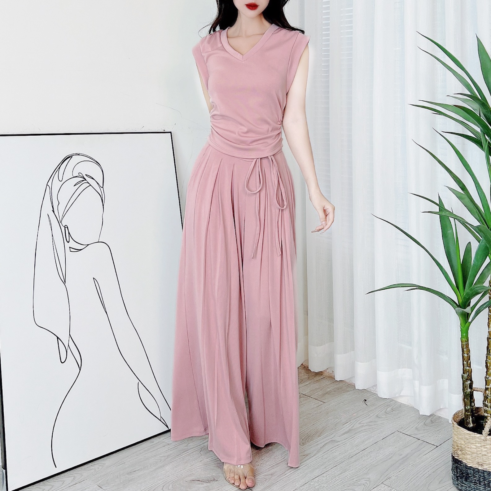 Set Bộ Nữ Áo Sát Nách Nhún Eo Mix Quần Dài Ống Rộng Chất Thun Vân Mịn Đi Du Lịch MIMIX - DR9