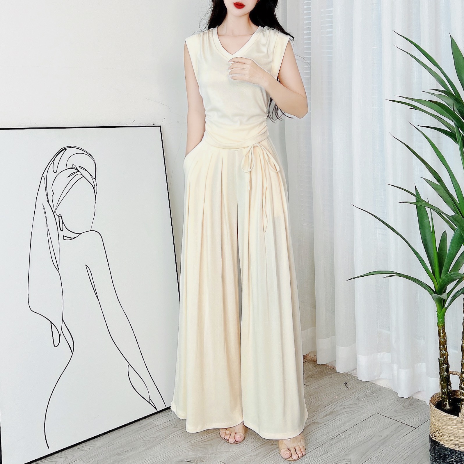 Set Bộ Nữ Áo Sát Nách Nhún Eo Mix Quần Dài Ống Rộng Chất Thun Vân Mịn Đi Du Lịch MIMIX - DR9