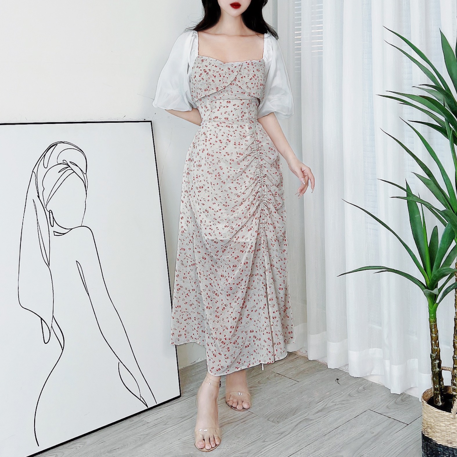 Đầm Midi Hoa Dây Rút Có Xẻ Cổ Vuông Phối Tay Tơ Chất Tơ Hàn Đi Biển Đi Tiệc MIMIX - DR4