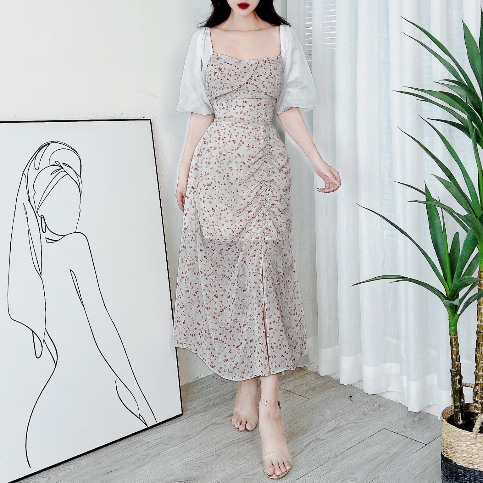 Đầm Midi Hoa Dây Rút Có Xẻ Cổ Vuông Phối Tay Tơ Chất Tơ Hàn Đi Biển Đi Tiệc MIMIX - DR4