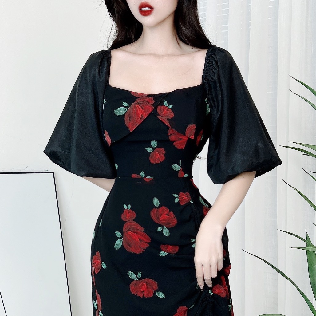 Đầm Midi Hoa Dây Rút Có Xẻ Cổ Vuông Phối Tay Tơ Chất Tơ Hàn Đi Biển Đi Tiệc MIMIX - DR4