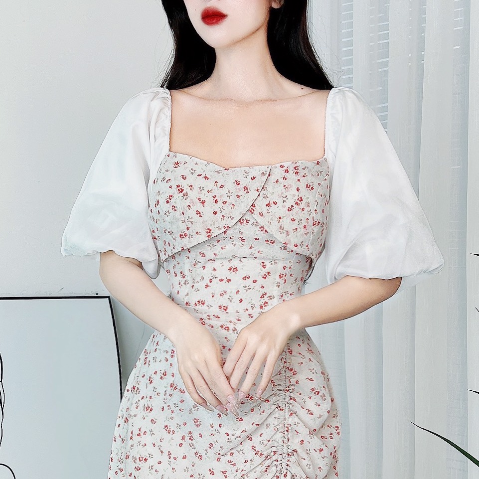 Đầm Midi Hoa Dây Rút Có Xẻ Cổ Vuông Phối Tay Tơ Chất Tơ Hàn Đi Biển Đi Tiệc MIMIX - DR4