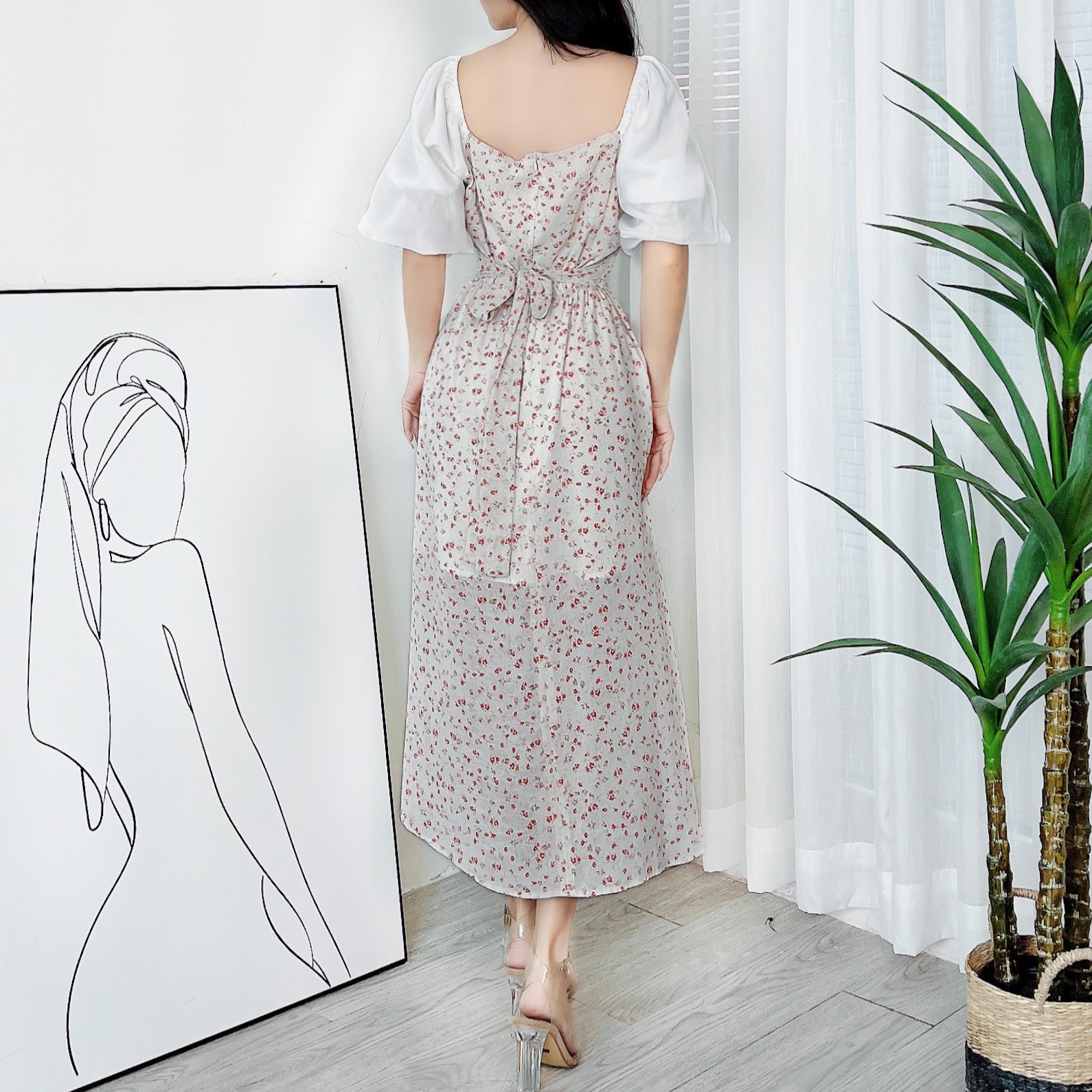 Đầm Midi Hoa Dây Rút Có Xẻ Cổ Vuông Phối Tay Tơ Chất Tơ Hàn Đi Biển Đi Tiệc MIMIX - DR4