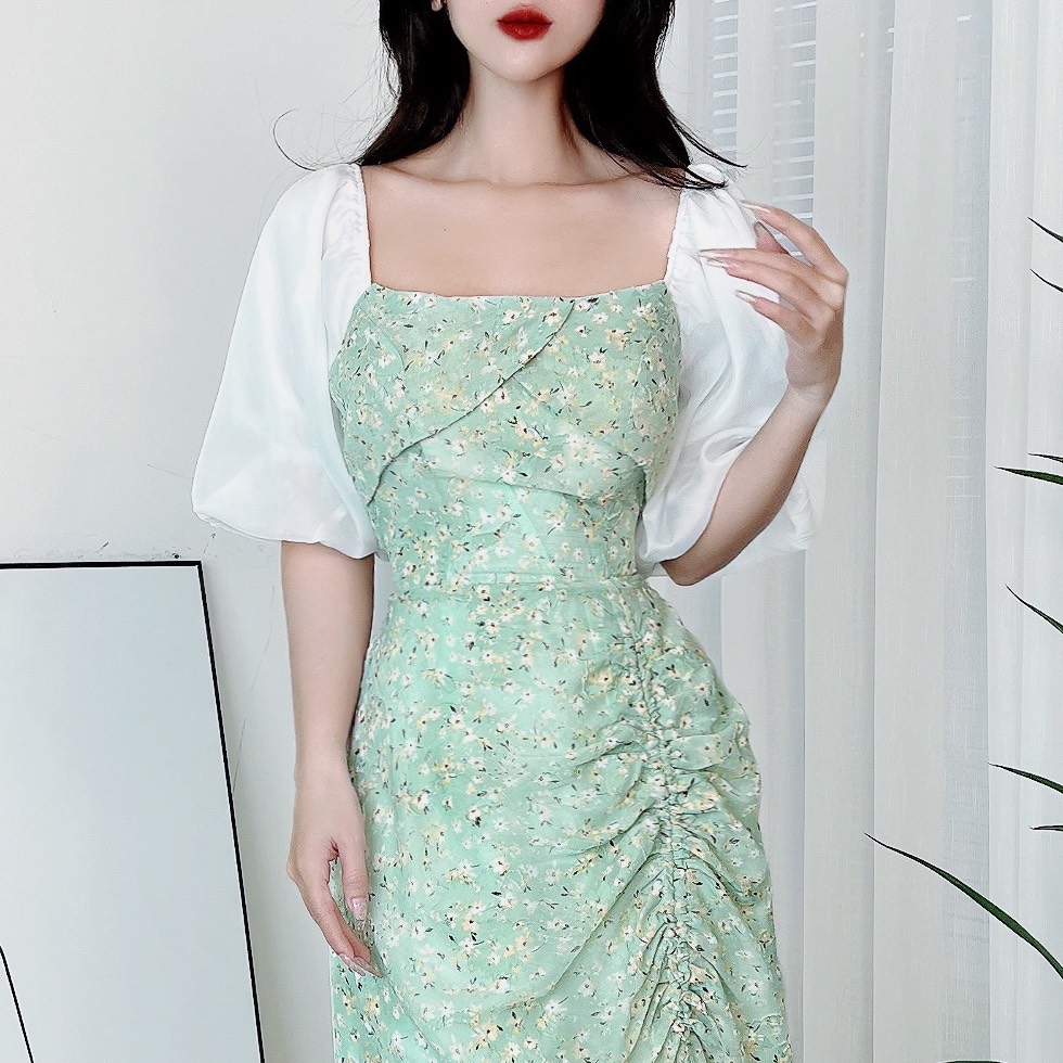 Đầm Midi Hoa Dây Rút Có Xẻ Cổ Vuông Phối Tay Tơ Chất Tơ Hàn Đi Biển Đi Tiệc MIMIX - DR4