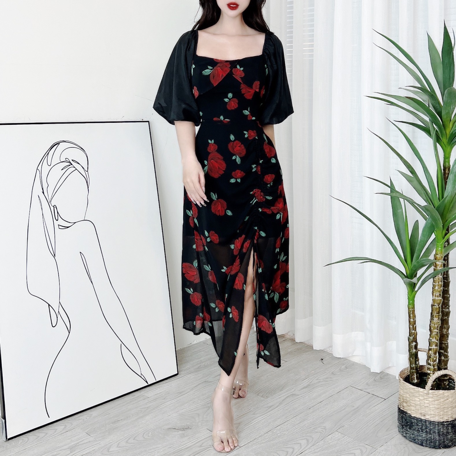 Đầm Midi Hoa Dây Rút Có Xẻ Cổ Vuông Phối Tay Tơ Chất Tơ Hàn Đi Biển Đi Tiệc MIMIX - DR4