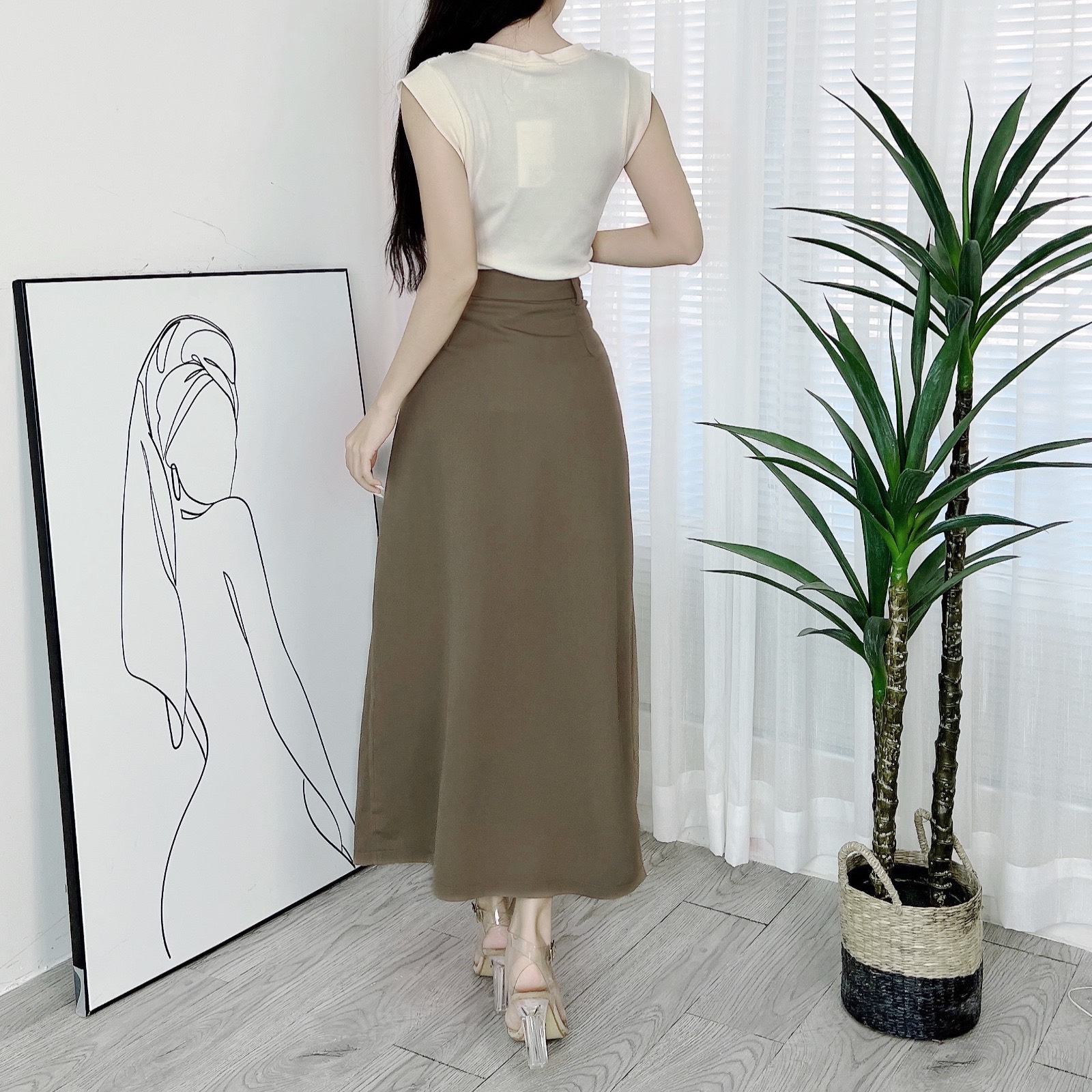 Chân Váy Nữ Trơn Phối Túi Trước Xẻ Giữa Chất Tuyết Hàn Công Sở MIMIX - DL1