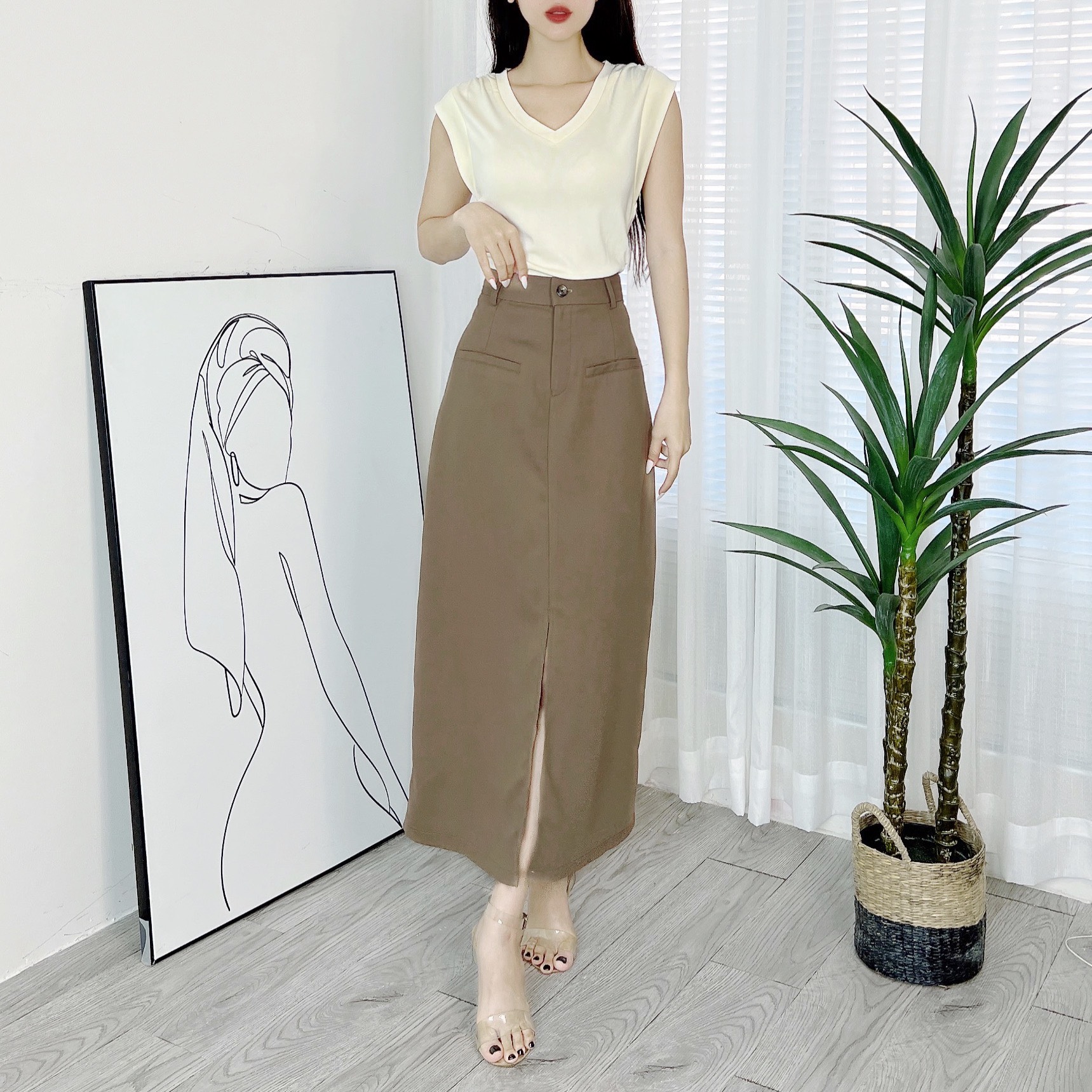 Chân Váy Nữ Trơn Phối Túi Trước Xẻ Giữa Chất Tuyết Hàn Công Sở MIMIX - DL1