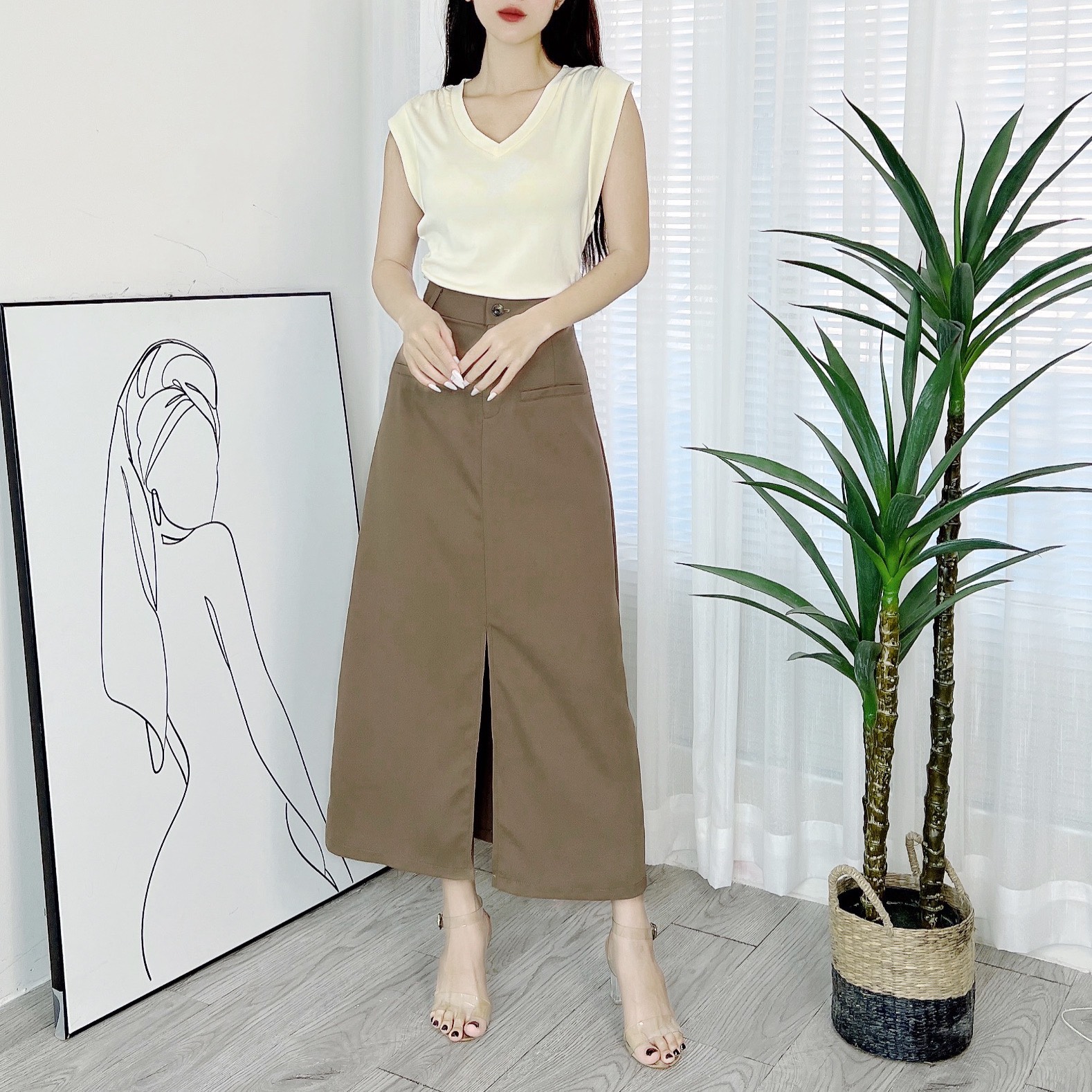 Chân Váy Nữ Trơn Phối Túi Trước Xẻ Giữa Chất Tuyết Hàn Công Sở MIMIX - DL1