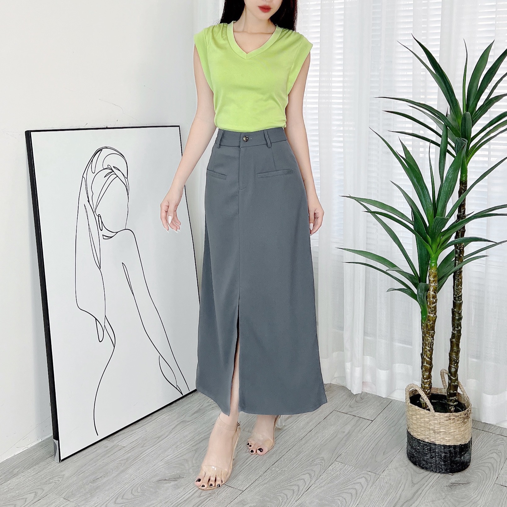 Chân Váy Nữ Trơn Phối Túi Trước Xẻ Giữa Chất Tuyết Hàn Công Sở MIMIX - DL1