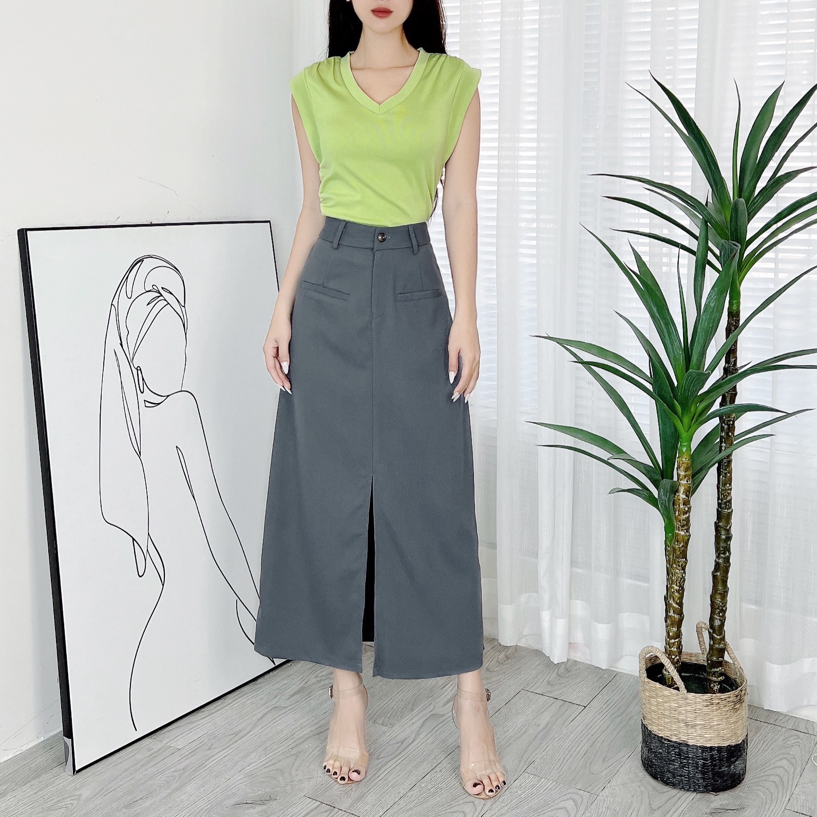 Chân Váy Nữ Trơn Phối Túi Trước Xẻ Giữa Chất Tuyết Hàn Công Sở MIMIX - DL1
