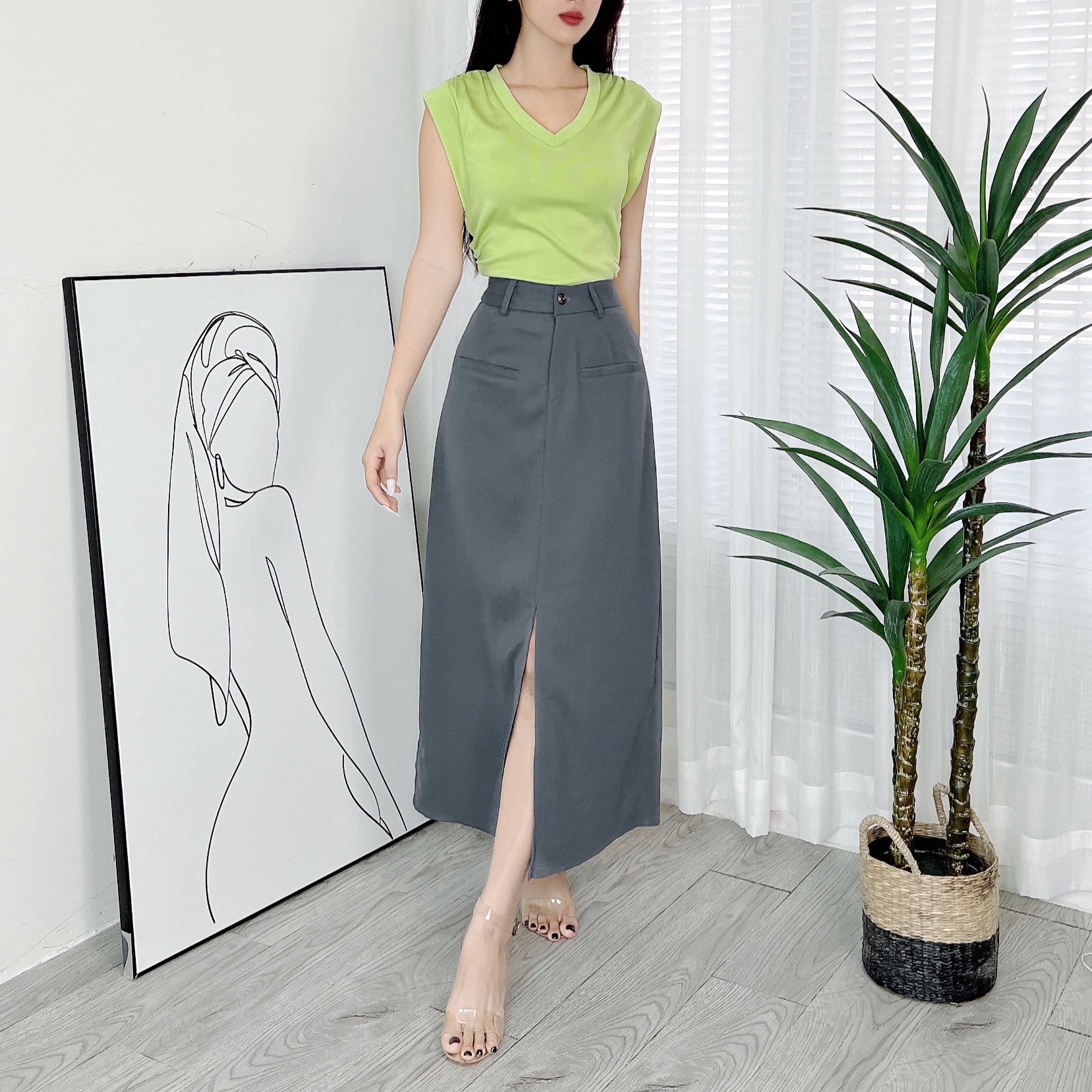 Chân Váy Nữ Trơn Phối Túi Trước Xẻ Giữa Chất Tuyết Hàn Công Sở MIMIX - DL1
