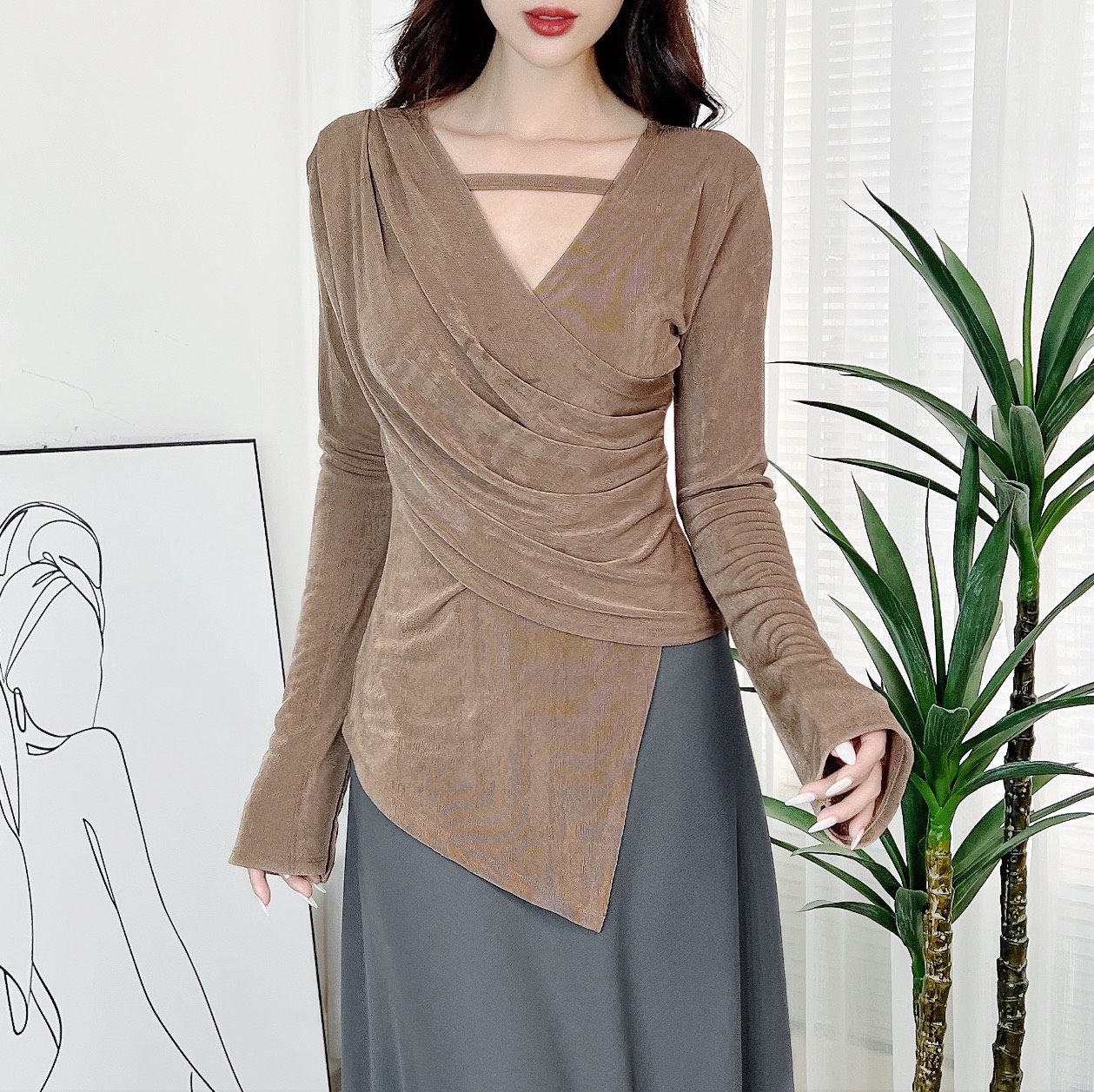 Áo Tay Dài Tà Nhọn Dây Ngực Xếp Ly Vạt Eo Chất Thun Nhũ Đi Làm Đi Chơi MIMIX - DU3